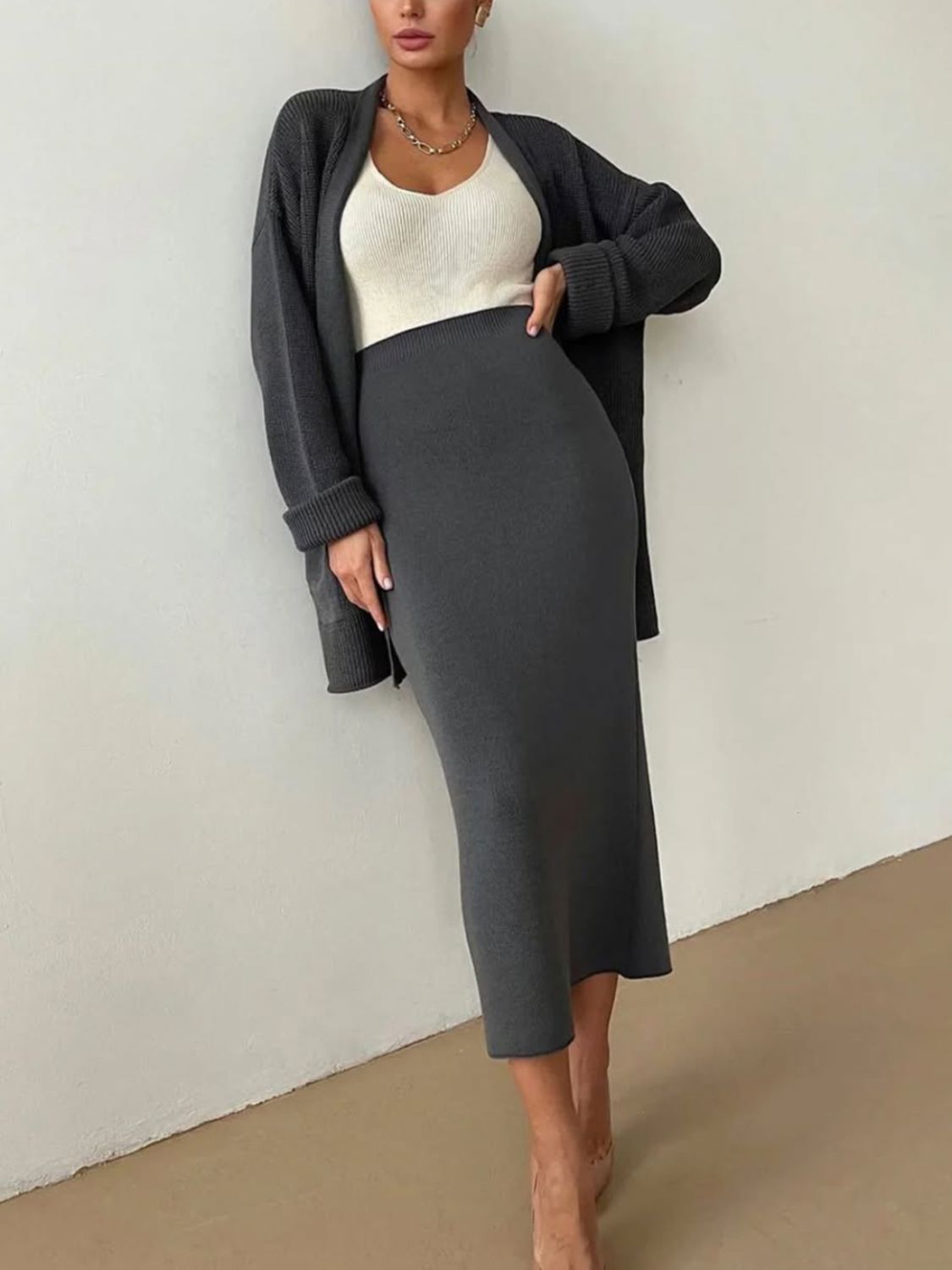 Pocketed Long Sleeve Cardigan and Skirt Sweater Set-TOPS / DRESSES-[Adult]-[Female]-2022 Online Blue Zone Planet