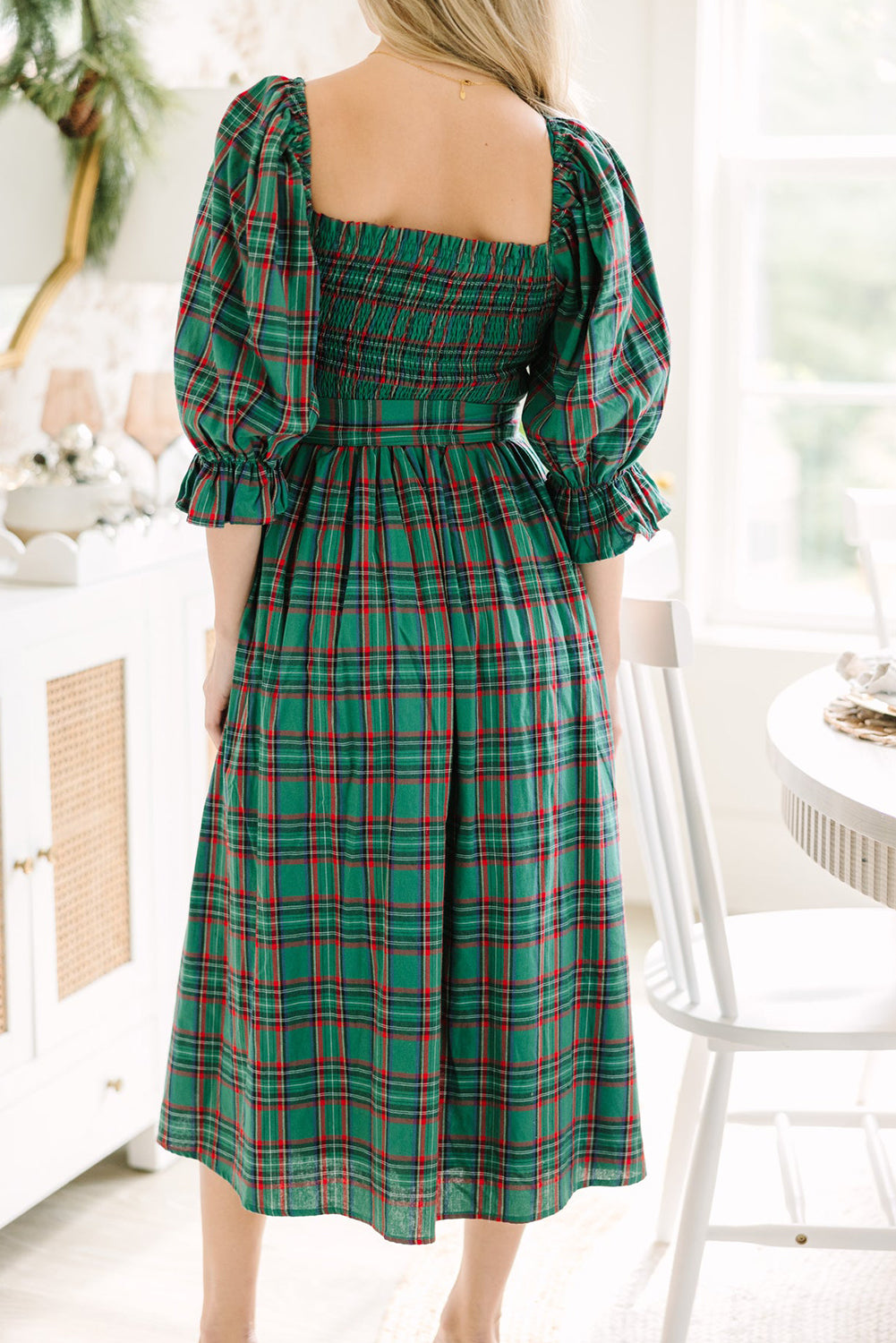 Green Tartan Plaid Square Neck Puff Sleeve Knot Waist Flared Midi Dress-TOPS / DRESSES-[Adult]-[Female]-2022 Online Blue Zone Planet
