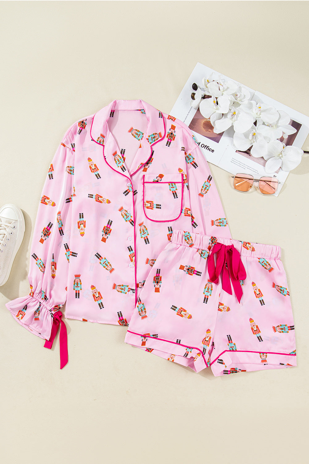 Pink Nutcracker Print Contrast Trim Tied up Bow Silky 2pcs Pajama Set-Loungewear & Sleepwear/Sleepwear-[Adult]-[Female]-2022 Online Blue Zone Planet