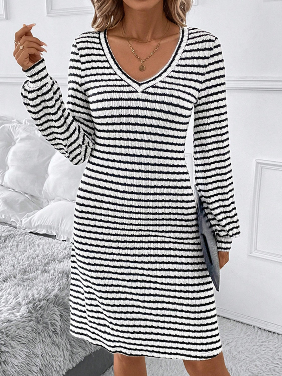 Blue Zone Planet |  Striped V-Neck Long Sleeve Dress