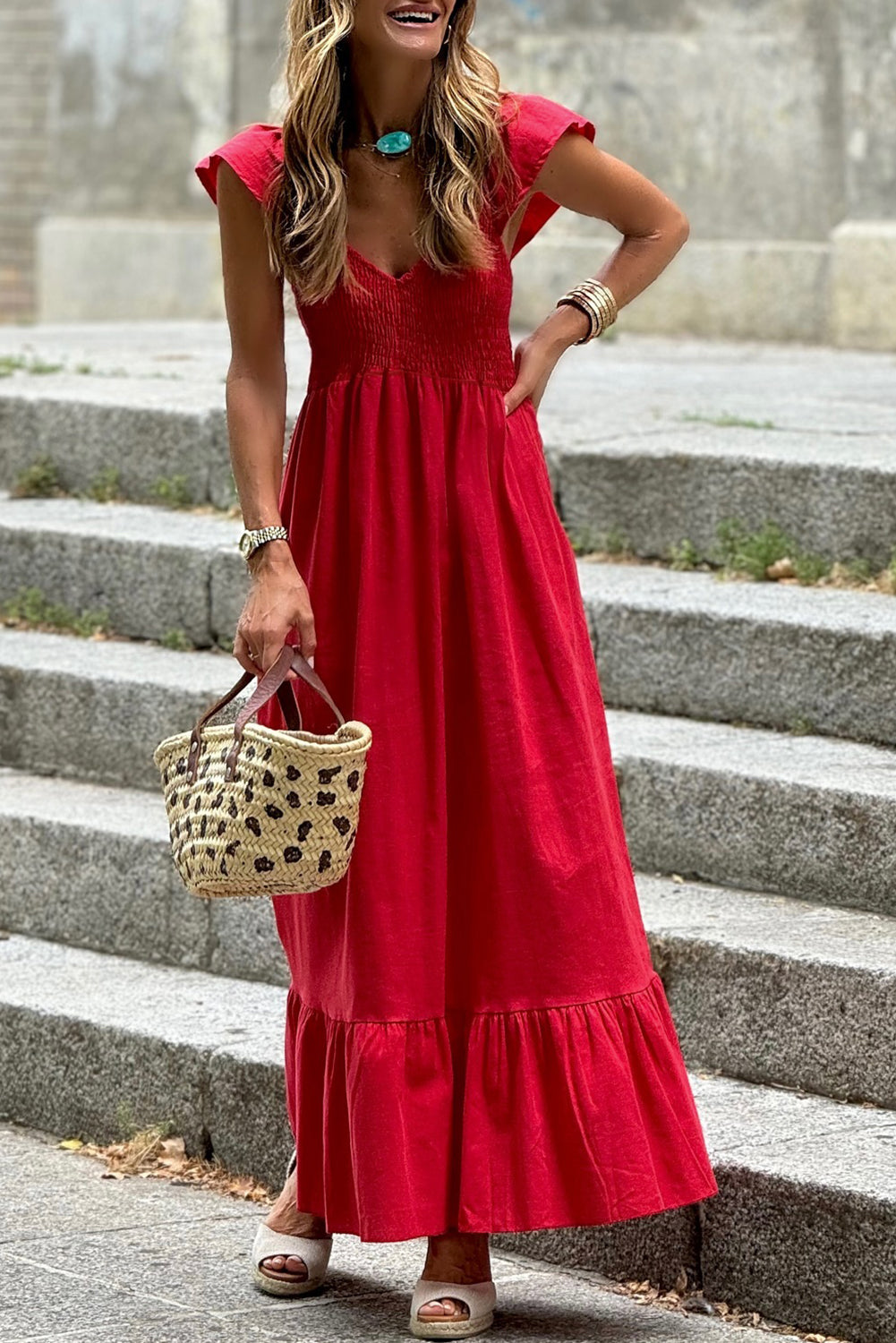 Fiery Red V Neck Flutter Sleeve Smocked Bodice High Waist Ruffle Maxi Dress-TOPS / DRESSES-[Adult]-[Female]-Fiery Red-S-2022 Online Blue Zone Planet
