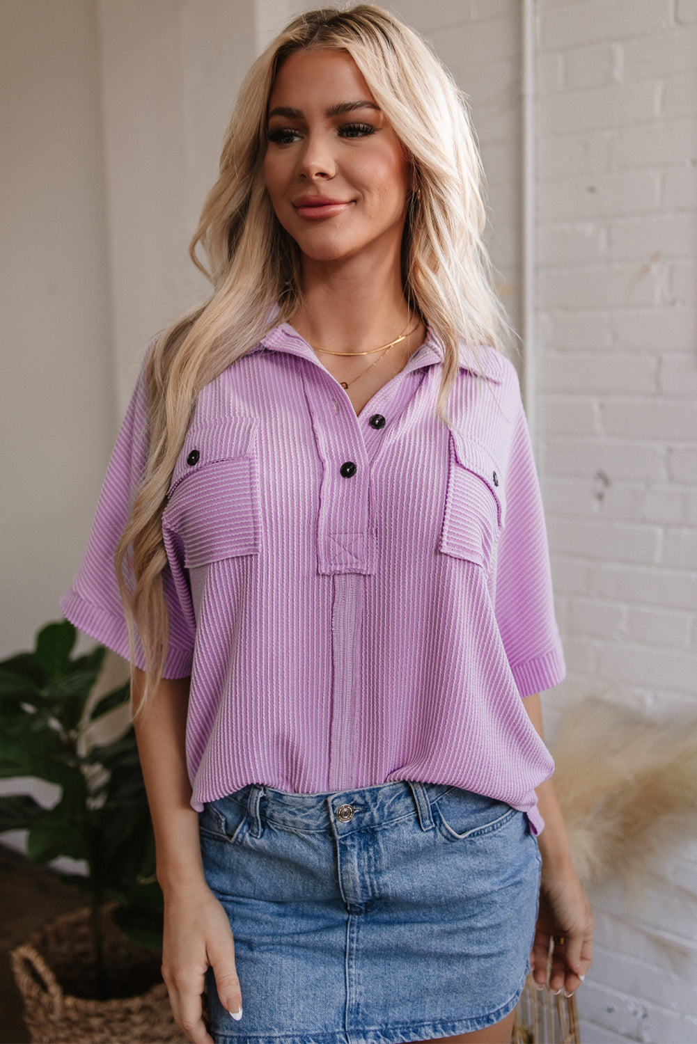 Orchid Bouquet Corded Flap Pocket Collared Buttoned Short Sleeve Blouse-Tops/Blouses & Shirts-[Adult]-[Female]-2022 Online Blue Zone Planet