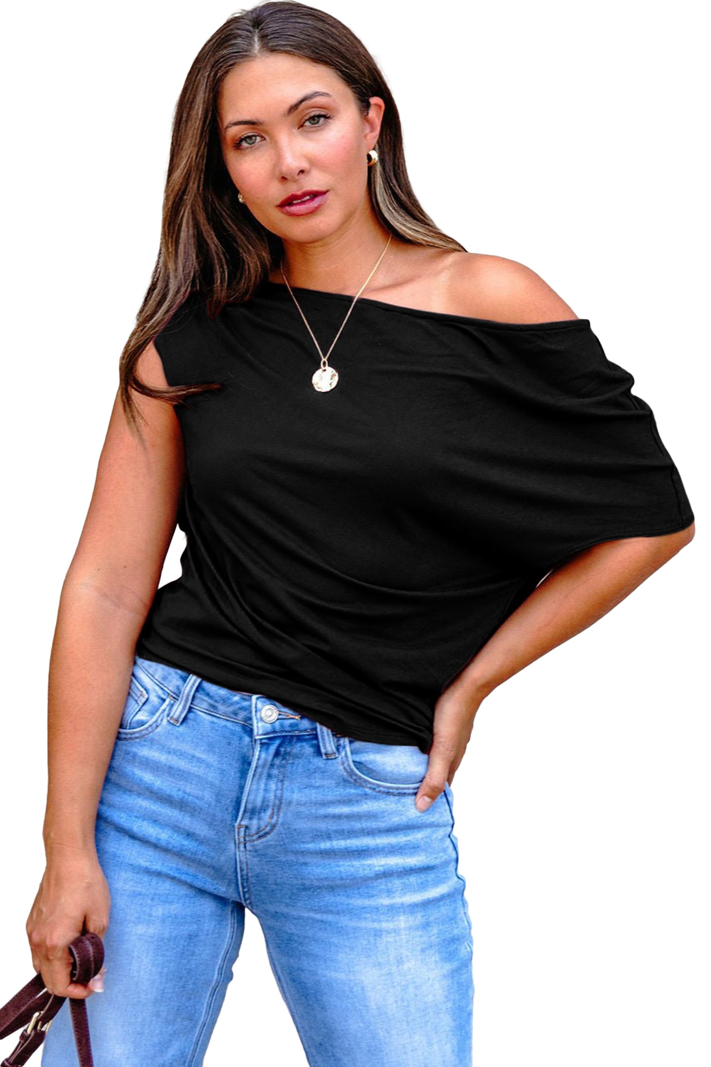 Black Plus Size Solid Color Asymmetric Neck Short Sleeve Blouse-Plus Size/Plus Size Tops/Plus Size Tops & Tees-[Adult]-[Female]-2022 Online Blue Zone Planet