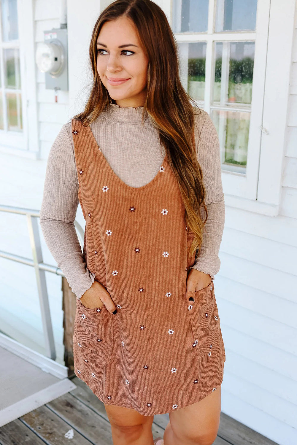 Gold Flame Flower Embroidered Corduroy Overall Mini Dress-Dresses/Mini Dresses-[Adult]-[Female]-2022 Online Blue Zone Planet