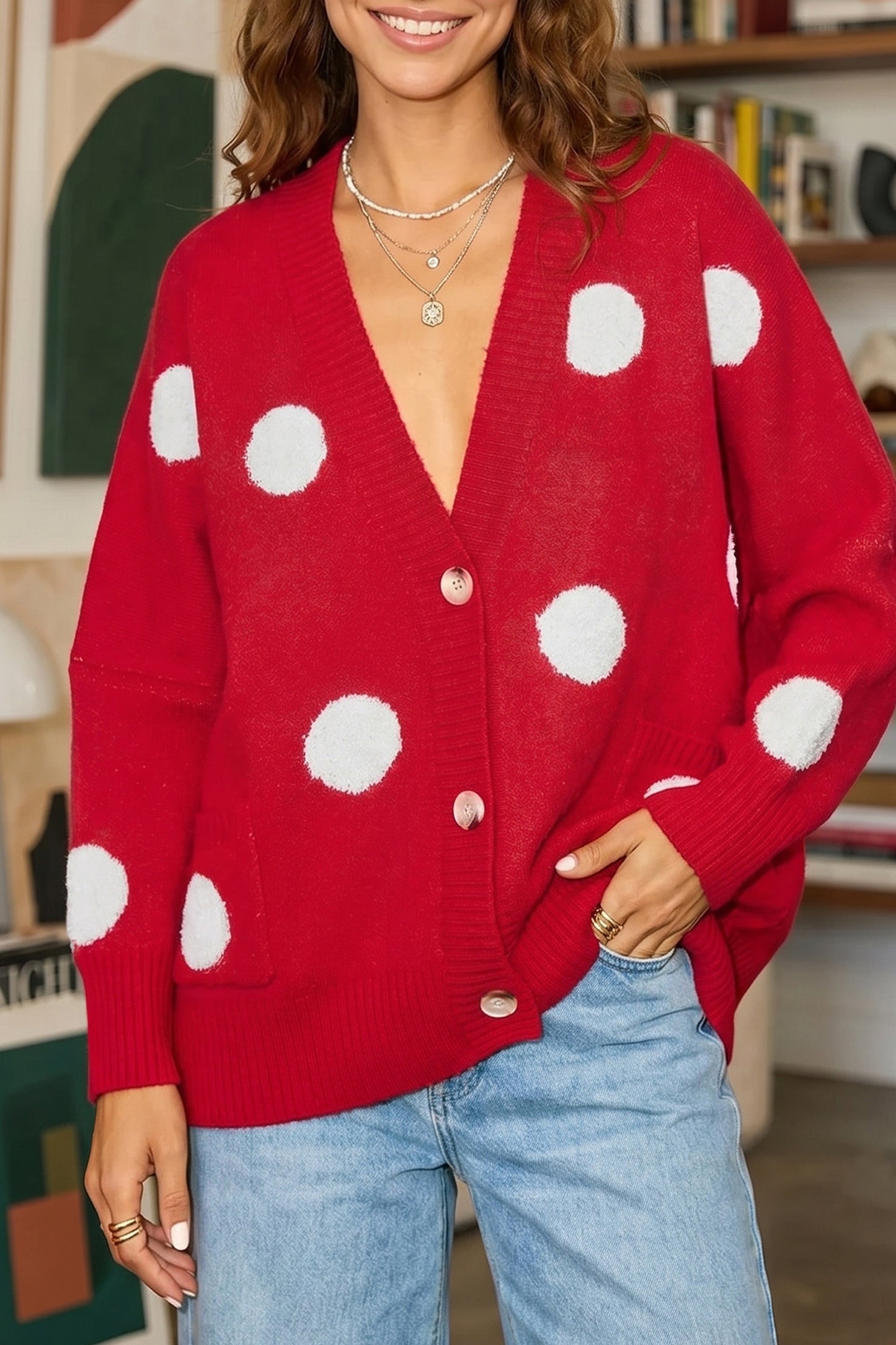 Beige Polka Dot Button Front Oversized V Neck Cardigan-Sweaters & Cardigans/Cardigans-[Adult]-[Female]-2022 Online Blue Zone Planet