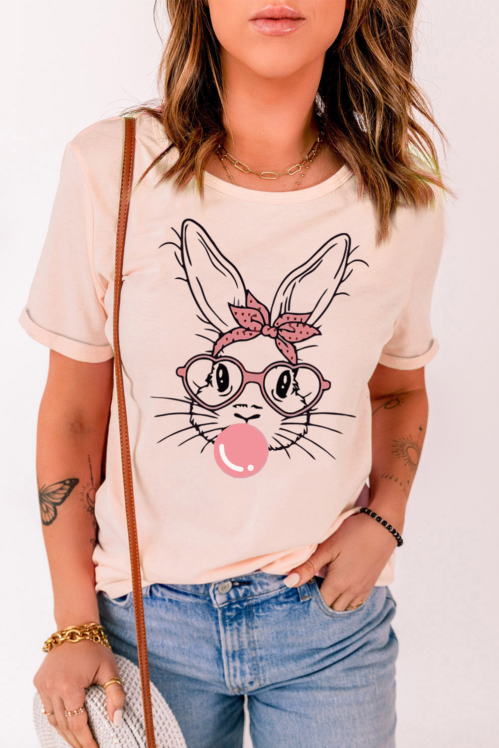 Rabbit Graphic Round Neck Short Sleeve T-Shirt-TOPS / DRESSES-[Adult]-[Female]-2022 Online Blue Zone Planet