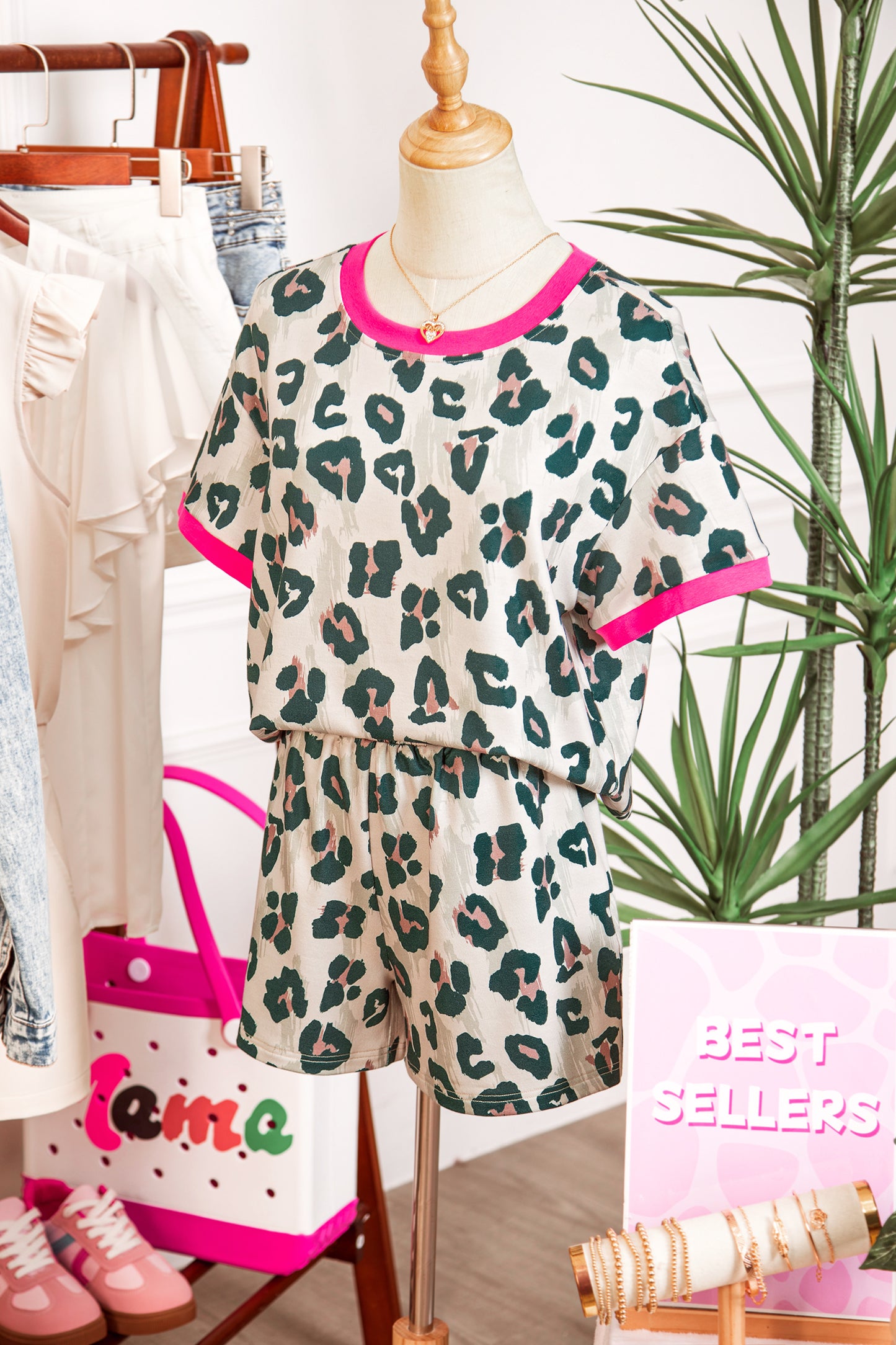 Brown Unique Leopard Print Contrast Trim Top Loose 2pcs Short Set-Two Piece Sets/Short Sets-[Adult]-[Female]-2022 Online Blue Zone Planet