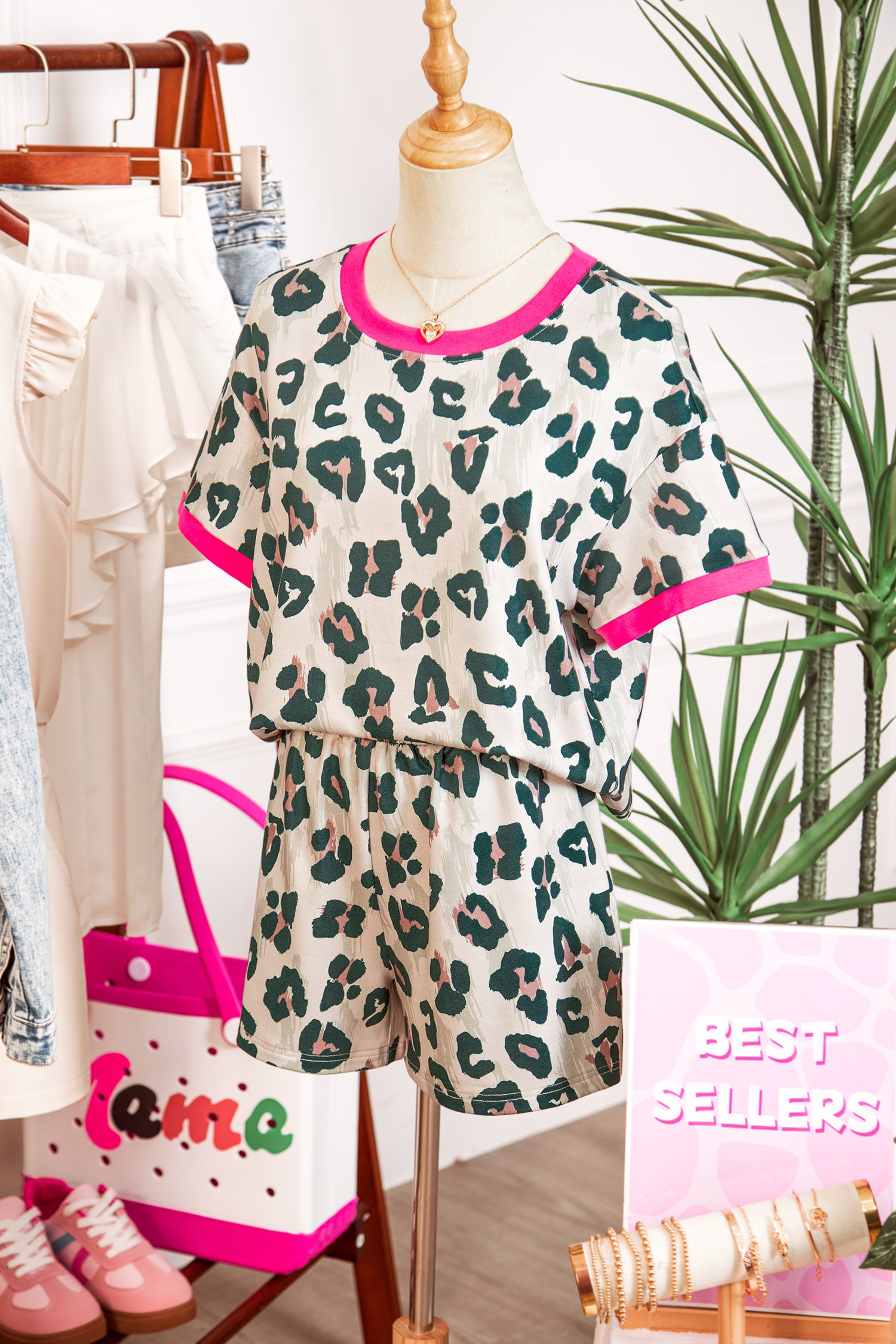 Brown Unique Leopard Print Contrast Trim Top Loose 2pcs Short Set-Two Piece Sets/Short Sets-[Adult]-[Female]-2022 Online Blue Zone Planet