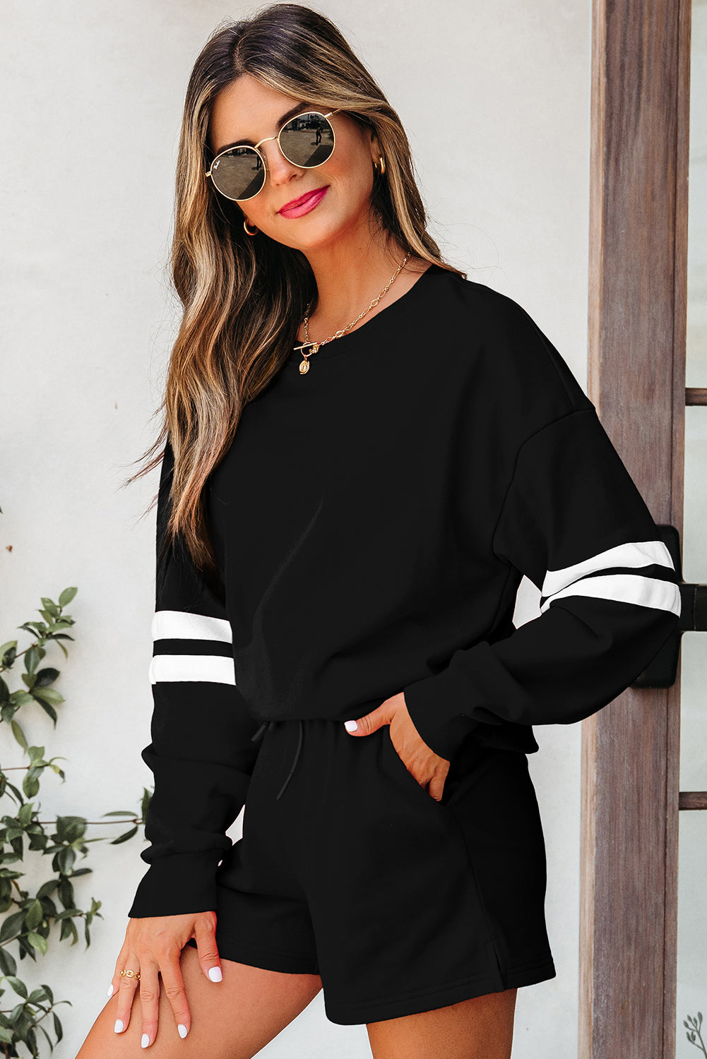 Black Varsity Striped Sleeve Drop Shoulder Sweatshirt and Short Set-Two Piece Sets/Short Sets-[Adult]-[Female]-2022 Online Blue Zone Planet