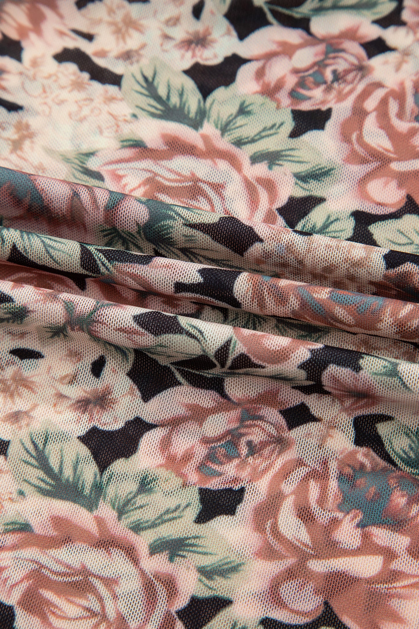 Black Floral Print Mesh Long Sleeve Foldover Off Shoulder Top-Tops/Long Sleeve Tops-[Adult]-[Female]-2022 Online Blue Zone Planet