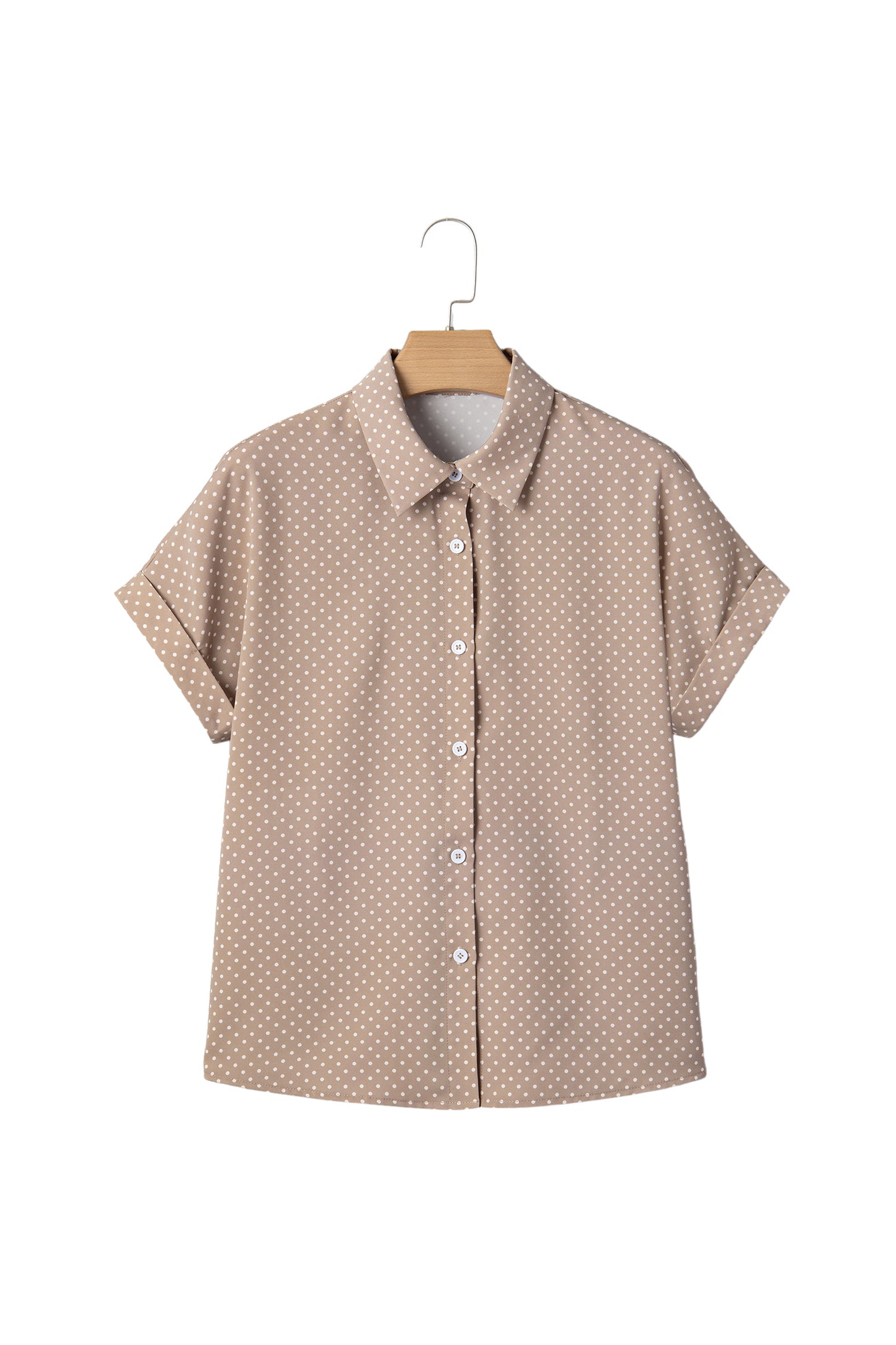 Khaki Dotted Print Cuffed Short Sleeve Shirt-Tops/Blouses & Shirts-[Adult]-[Female]-2022 Online Blue Zone Planet