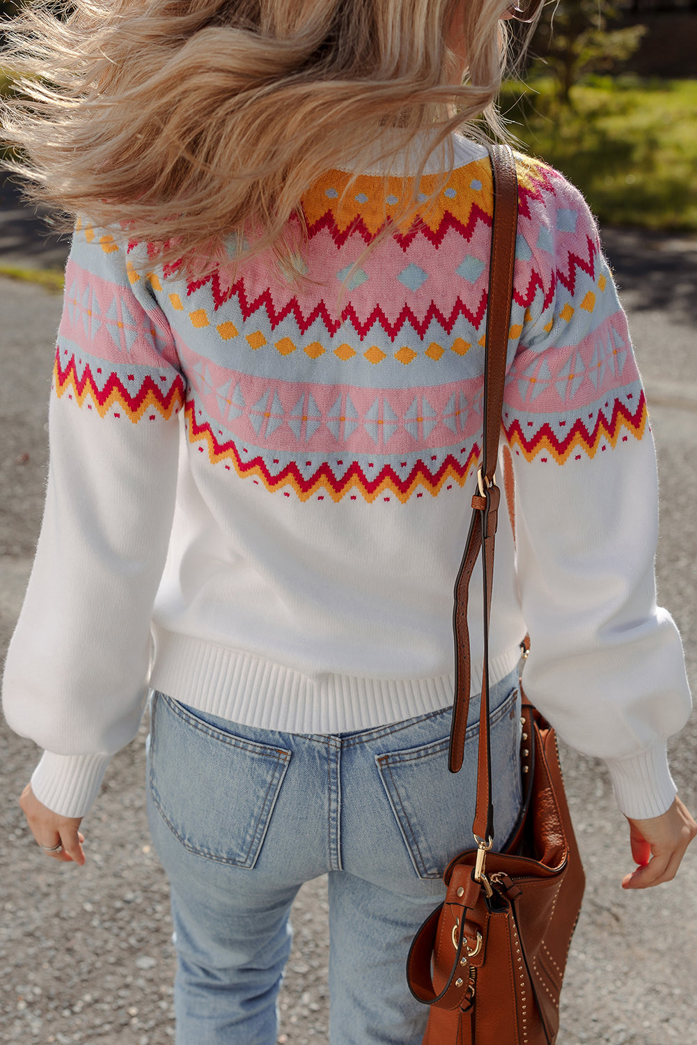 White Ethnic Geometric Colorblock Print Drop Shoulder Sweater-Sweaters & Cardigans/Sweaters-[Adult]-[Female]-2022 Online Blue Zone Planet