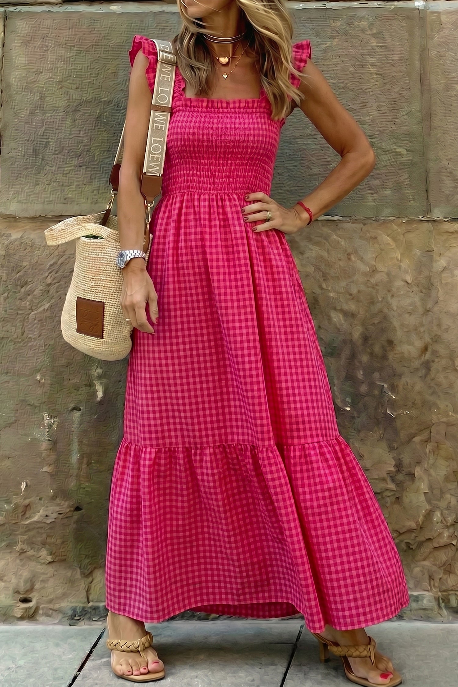 Red Plaid Square Neck Fit-and-flared Vacation Sundress-Dresses/Maxi Dresses-[Adult]-[Female]-2022 Online Blue Zone Planet