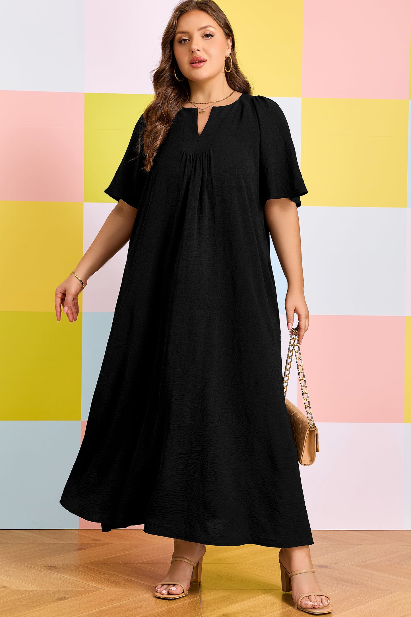 Black Plus Size Solid Color Notched Neck Short Sleeve Loose Dress-TOPS / DRESSES-[Adult]-[Female]-2022 Online Blue Zone Planet