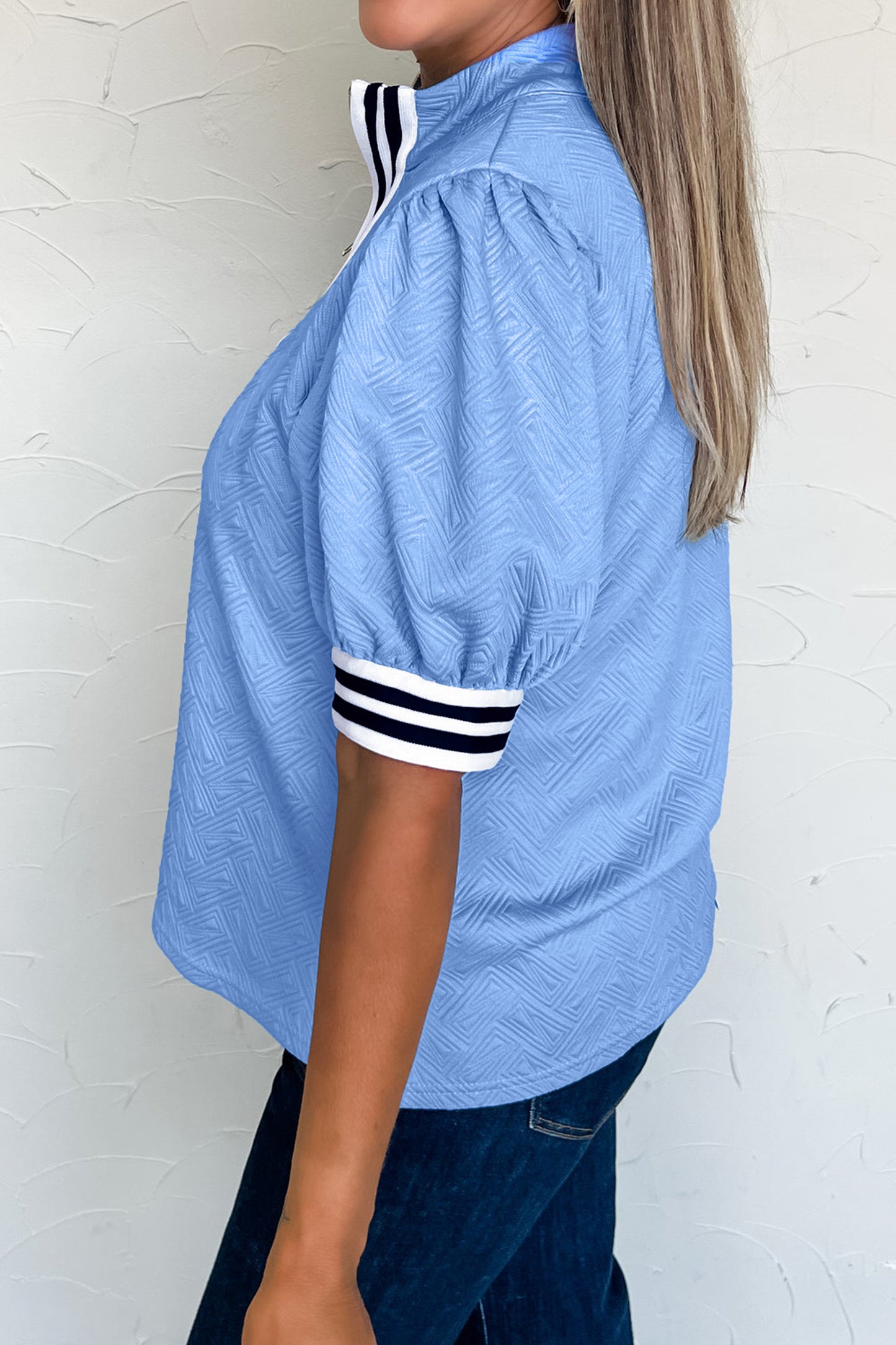 Myosotis Stylish Textured Stripe Trim Split Neck Puff Sleeve Top-Tops/Tops & Tees-[Adult]-[Female]-2022 Online Blue Zone Planet