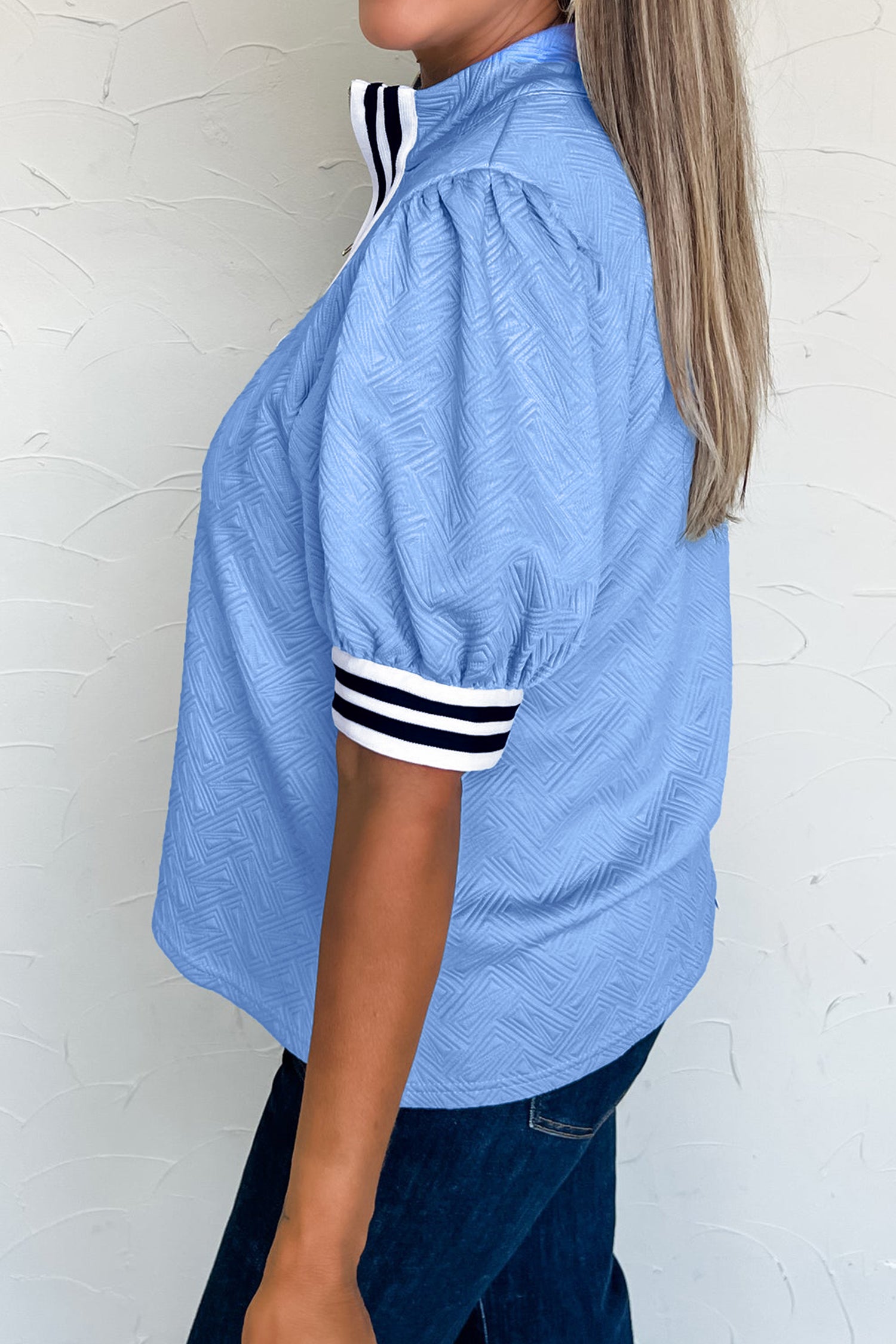 Myosotis Stylish Textured Stripe Trim Split Neck Puff Sleeve Top-Tops/Tops & Tees-[Adult]-[Female]-2022 Online Blue Zone Planet