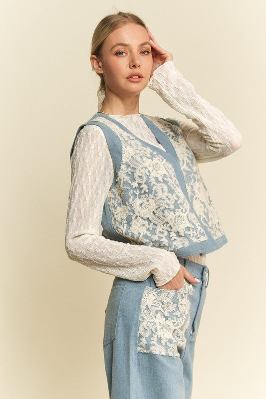 Davi & Dani Lace Patch Open Front Denim Vest-TOPS / DRESSES-[Adult]-[Female]-2022 Online Blue Zone Planet