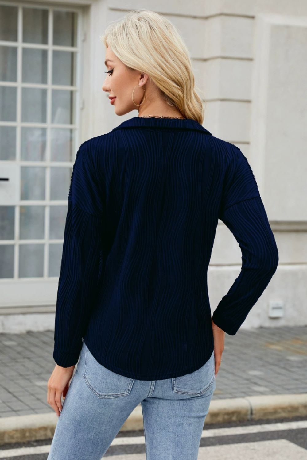 Texture Collared Neck Long Sleeve Blouse-TOPS / DRESSES-[Adult]-[Female]-2022 Online Blue Zone Planet