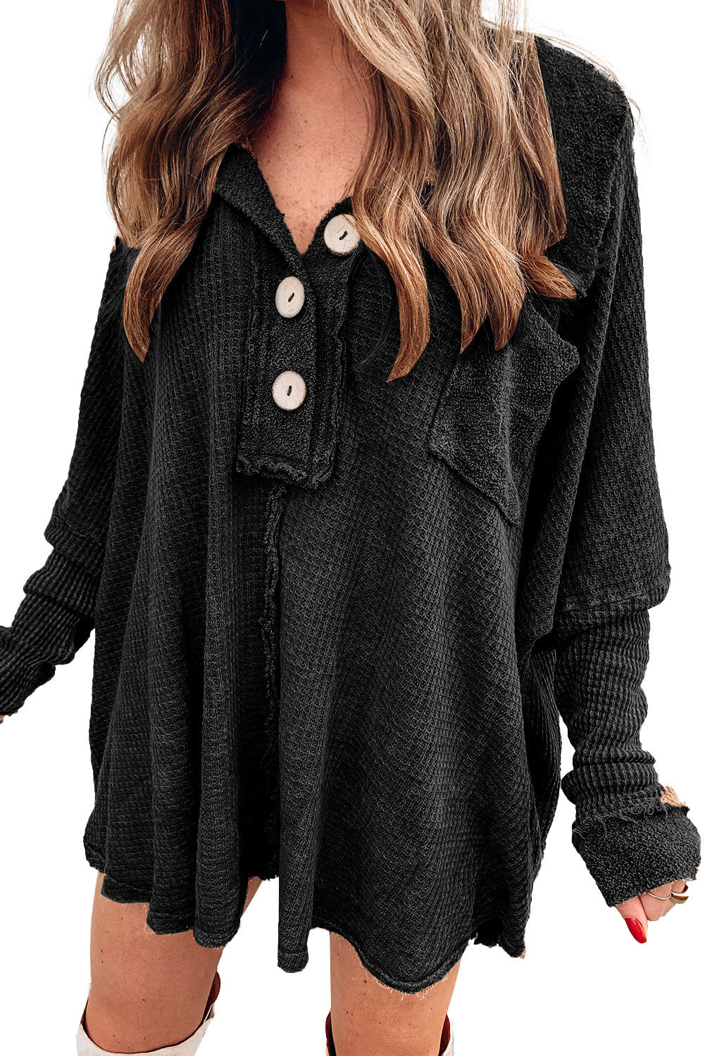 Black Waffle Knit Buttoned Long Sleeve Top-Tops/Long Sleeve Tops-[Adult]-[Female]-2022 Online Blue Zone Planet