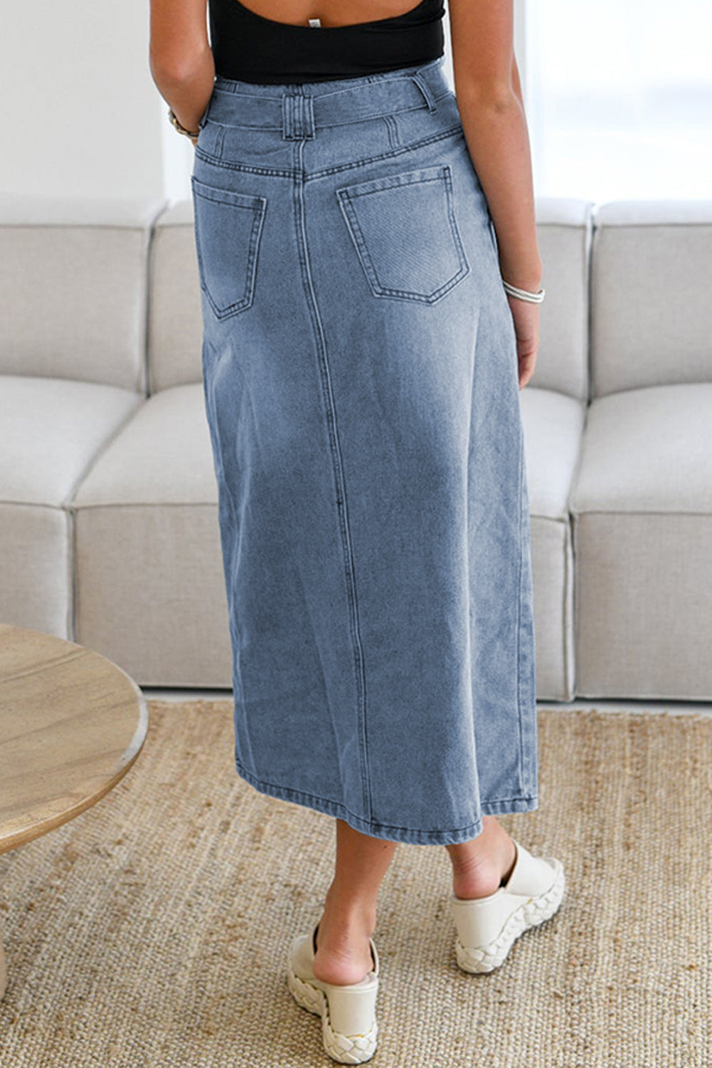 Dusk Blue Light Wash Belted High Waist Midi Denim Skirt-Bottoms/Skirts & Petticoat-[Adult]-[Female]-2022 Online Blue Zone Planet