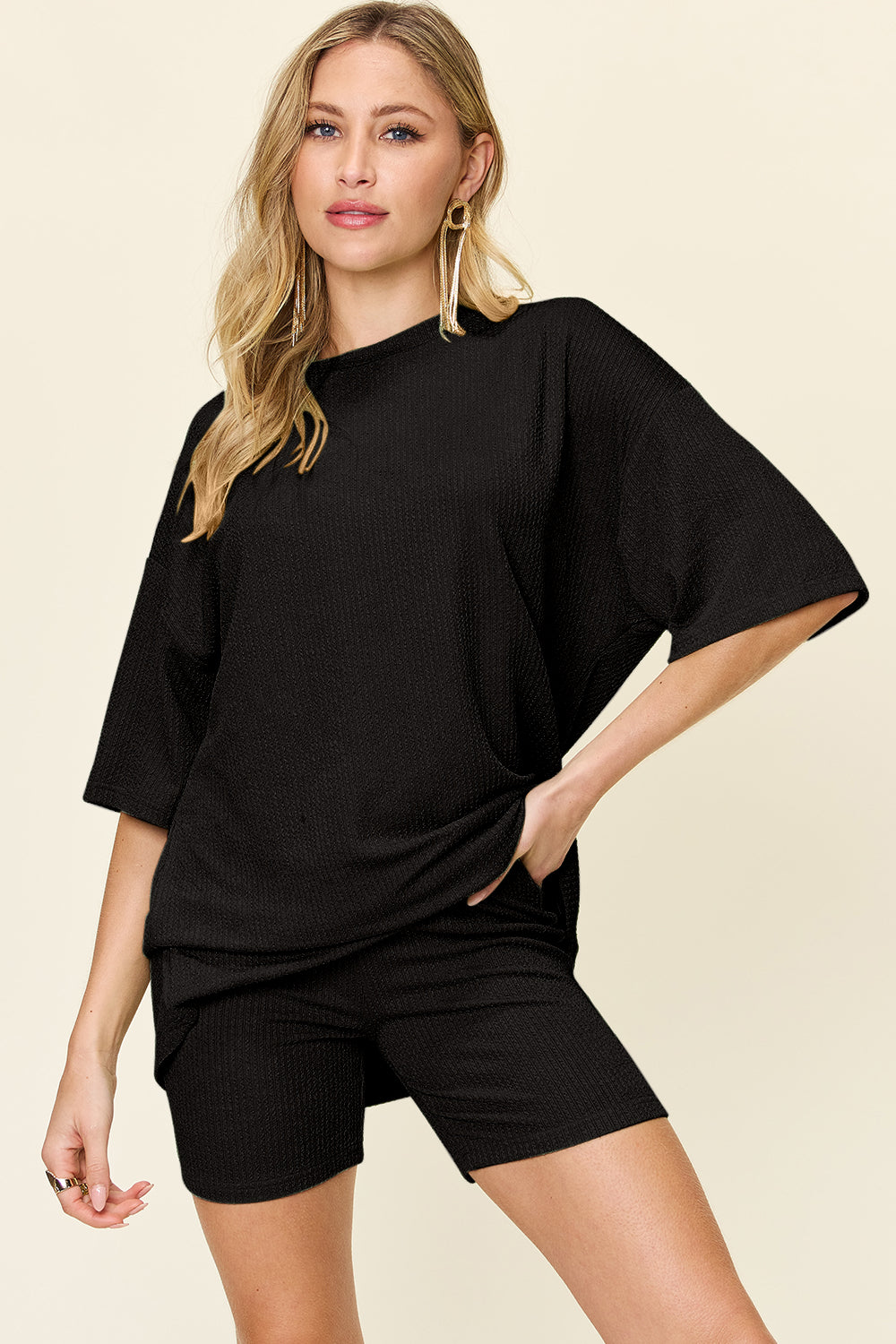 Blue Zone Planet | Double Take Full Size Texture Round Neck Drop Shoulder T-Shirt and Shorts Set-TOPS / DRESSES-[Adult]-[Female]-Black-S-2022 Online Blue Zone Planet