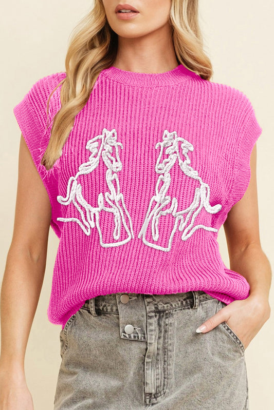 Bright Pink Western Horse Embroidered Round Neck Sweater Tee-Sweaters & Cardigans/Sweater Vests-[Adult]-[Female]-Bright Pink-S-2022 Online Blue Zone Planet