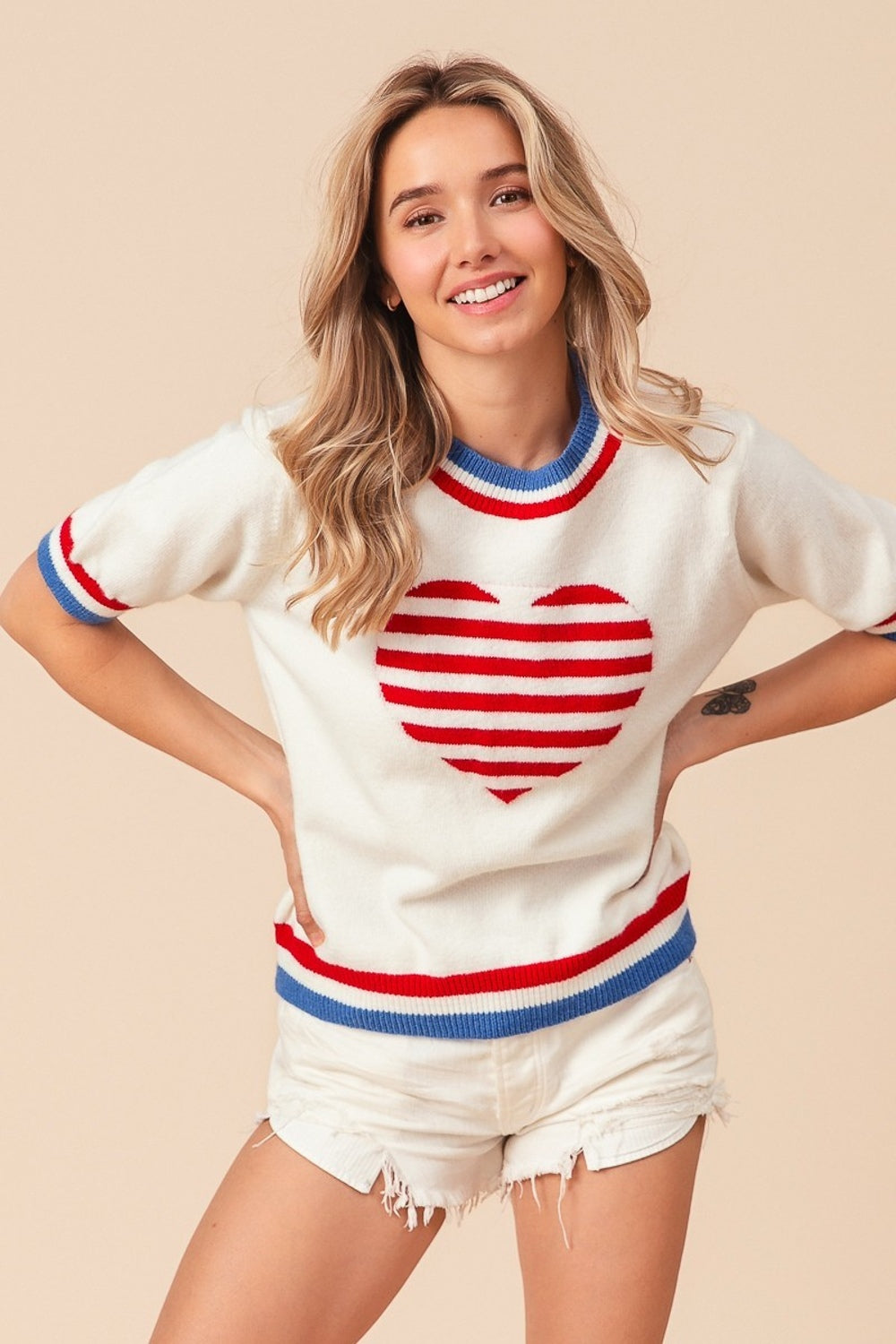 BiBi US Flag Theme Striped Heart Sweater-TOPS / DRESSES-[Adult]-[Female]-Ivory-S-2022 Online Blue Zone Planet