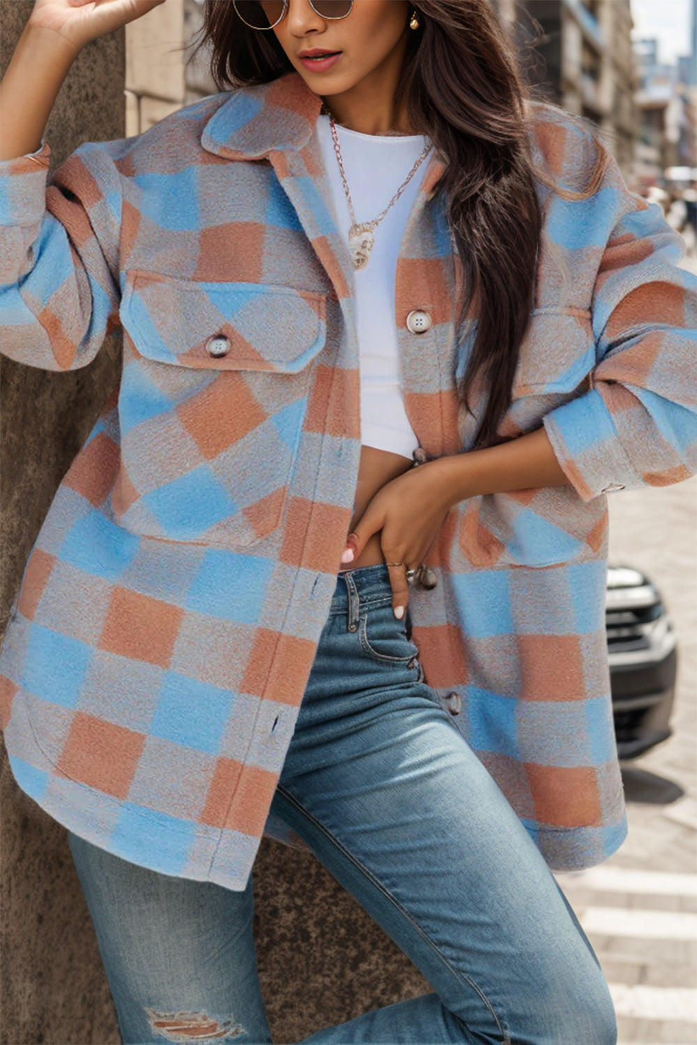 Plaid Button Up Dropped Shoulder Jacket-TOPS / DRESSES-[Adult]-[Female]-2022 Online Blue Zone Planet