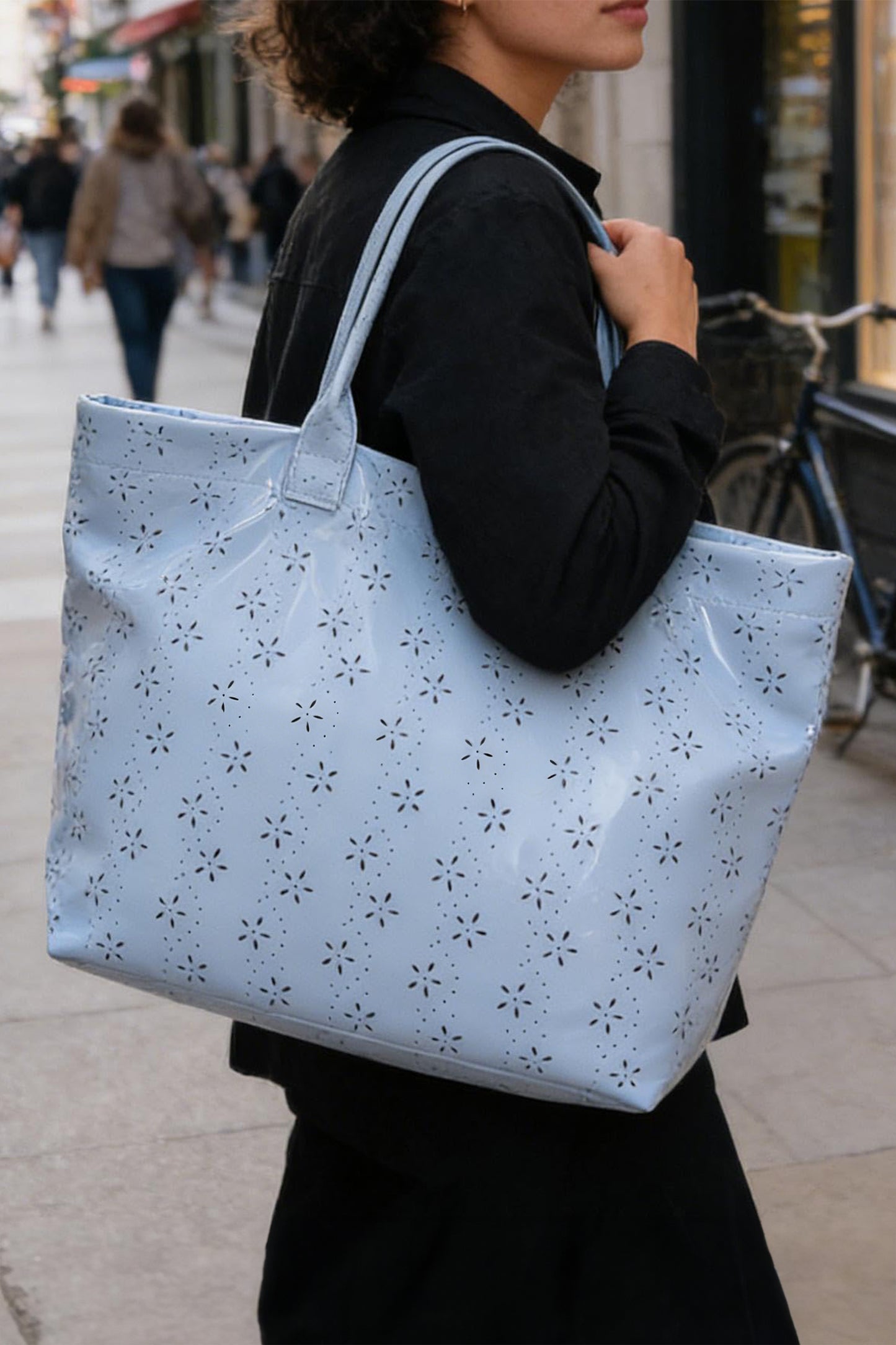 Beige Eyelet Flower Pattern PVC Glossy Waterproof Tote Bag
