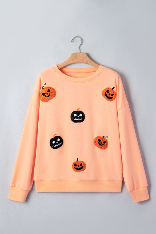 Orange Embroidered Pumpkin Face Drop Shoulder Sweatshirt-Tops/Sweatshirts & Hoodies-[Adult]-[Female]-2022 Online Blue Zone Planet