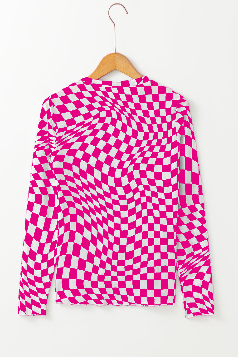 Blue Zone Planet | Rose Checkered Pattern Mesh Mock Neck Long Sleeve Top-Tops/Long Sleeve Tops-[Adult]-[Female]-2022 Online Blue Zone Planet