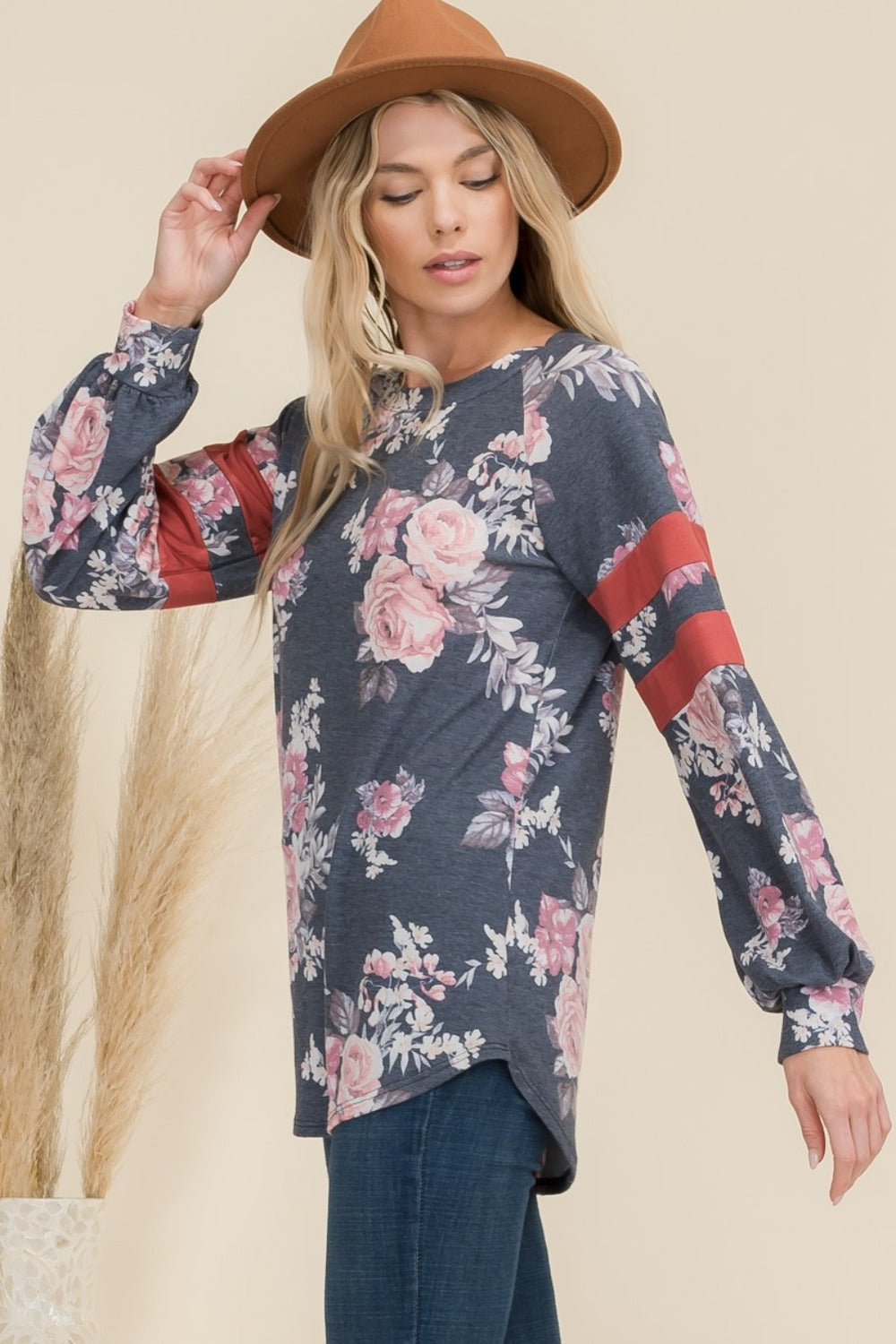 Celeste Full Size Floral Curved Hem T-Shirt with Stripe Detail-TOPS / DRESSES-[Adult]-[Female]-2022 Online Blue Zone Planet