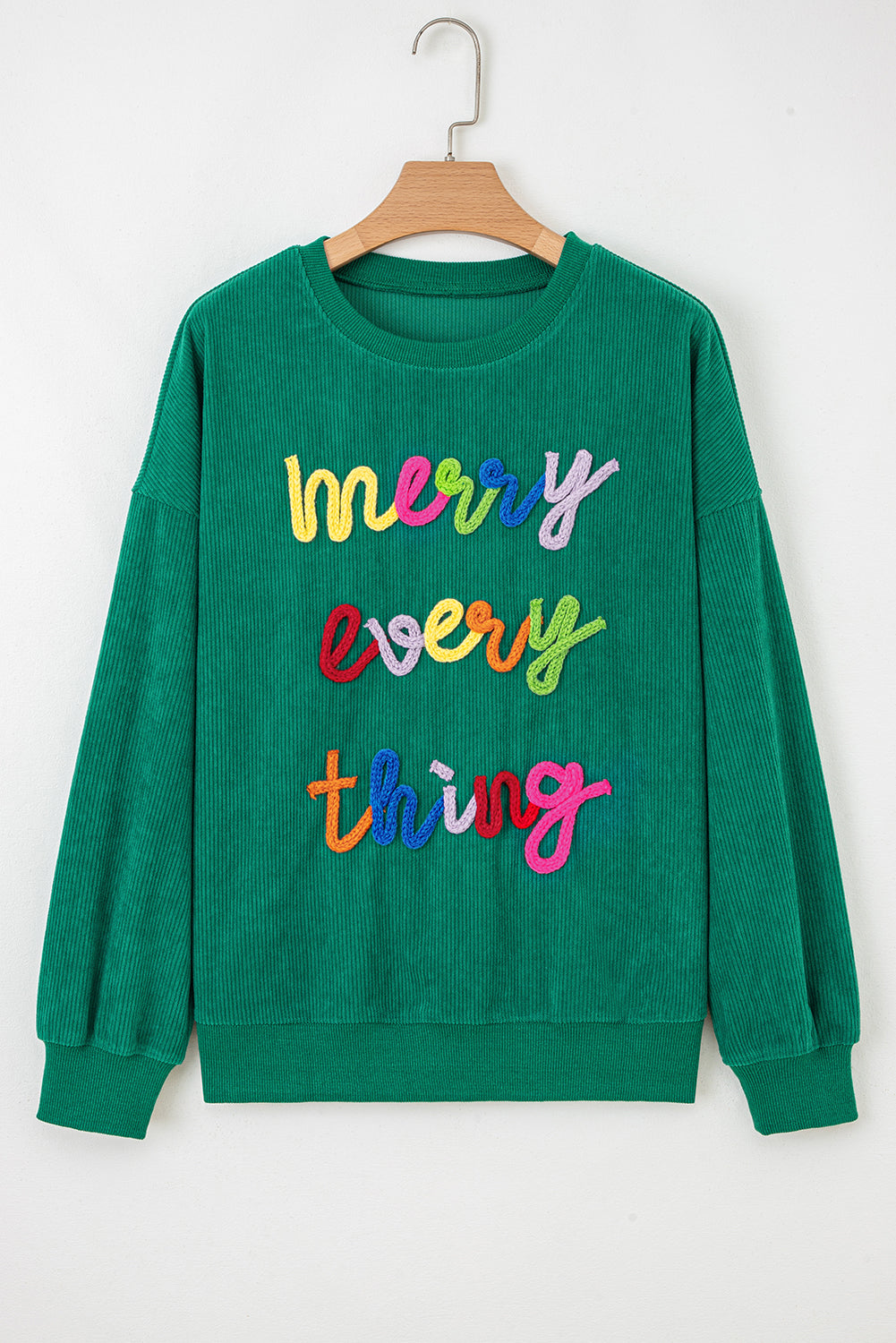 Dark Green Merry Little Thing Corded Letter Graphic Ribbed Loose Sweatshirt-Tops/Sweatshirts & Hoodies-[Adult]-[Female]-2022 Online Blue Zone Planet