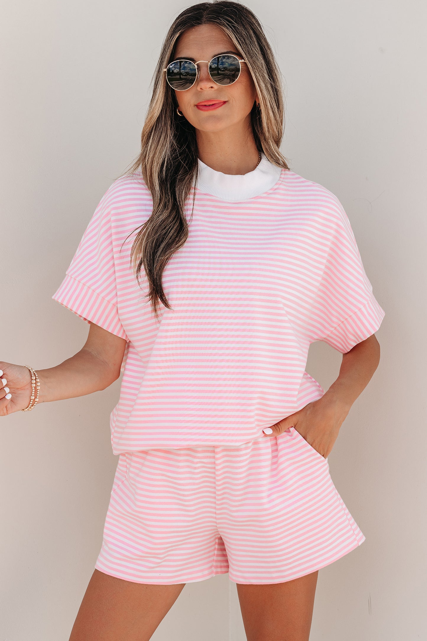 Pink Stripe Cuffed Sleeve Contrast Mock Neck Tee Casual 2pcs Short Set-Two Piece Sets/Short Sets-[Adult]-[Female]-2022 Online Blue Zone Planet