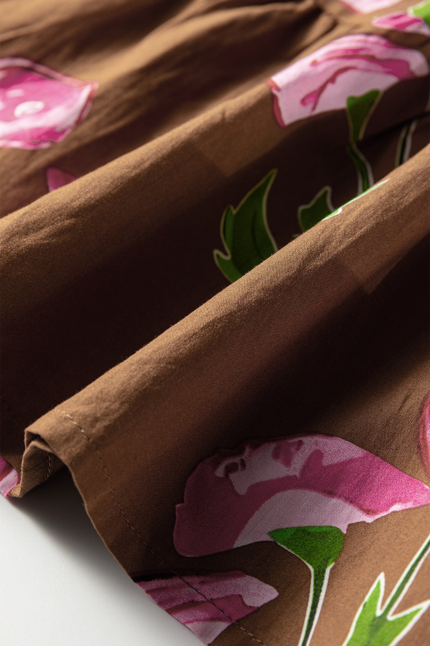 Brown Contrast Floral Print Babydoll Tunic Ruffled Hem Puff Sleeve Dress-TOPS / DRESSES-[Adult]-[Female]-2022 Online Blue Zone Planet