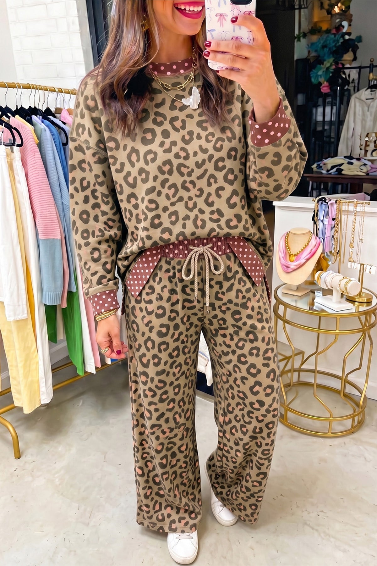Brown Leopard Polka Dot Two Piece Pants Set-Two Piece Sets/Pant Sets-[Adult]-[Female]-Brown-S-2022 Online Blue Zone Planet