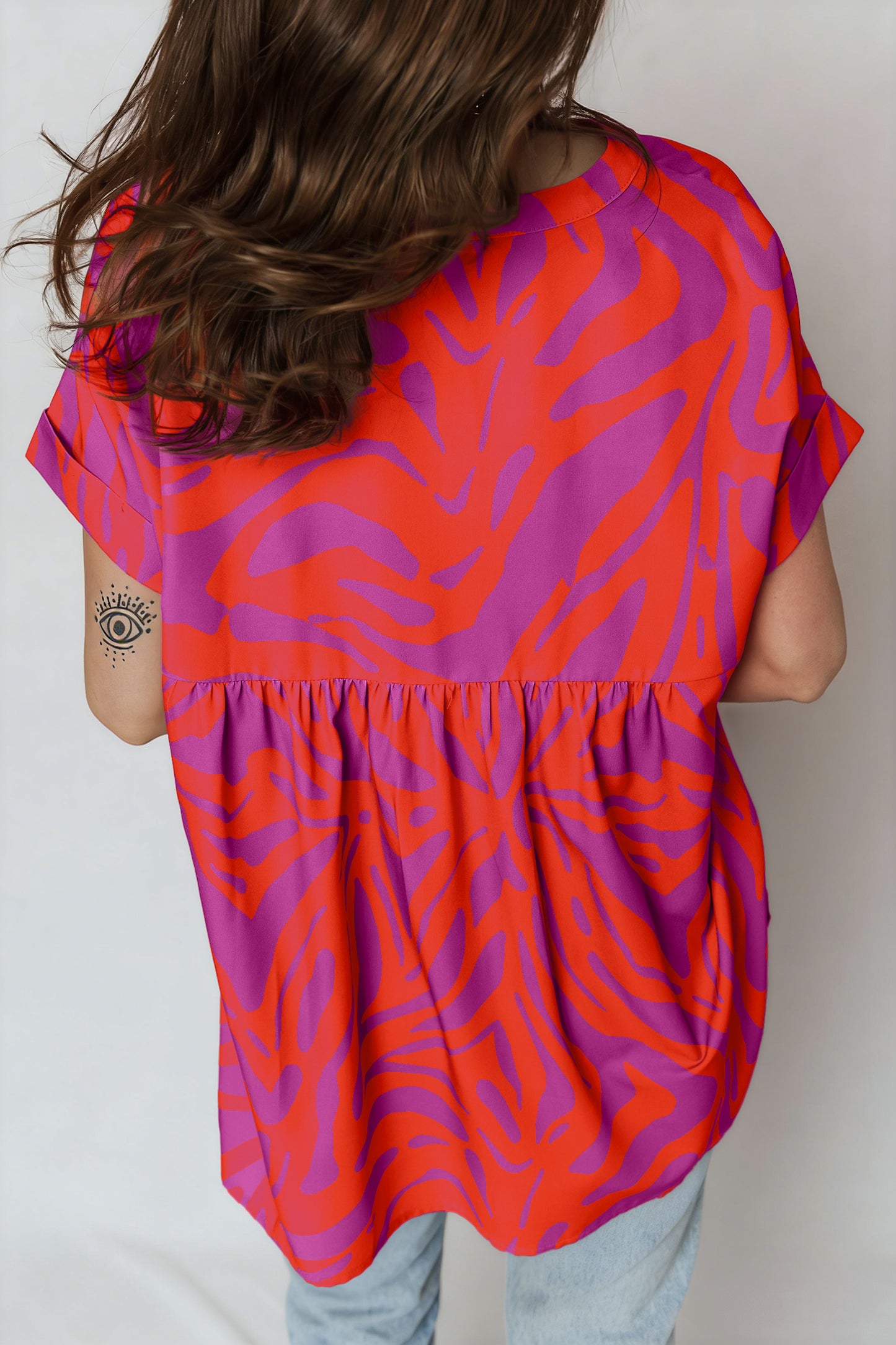 Multicolour Abstract Print V Neck Cuffed Short Sleeve Shift Slit Blouse-Tops/Blouses & Shirts-[Adult]-[Female]-2022 Online Blue Zone Planet