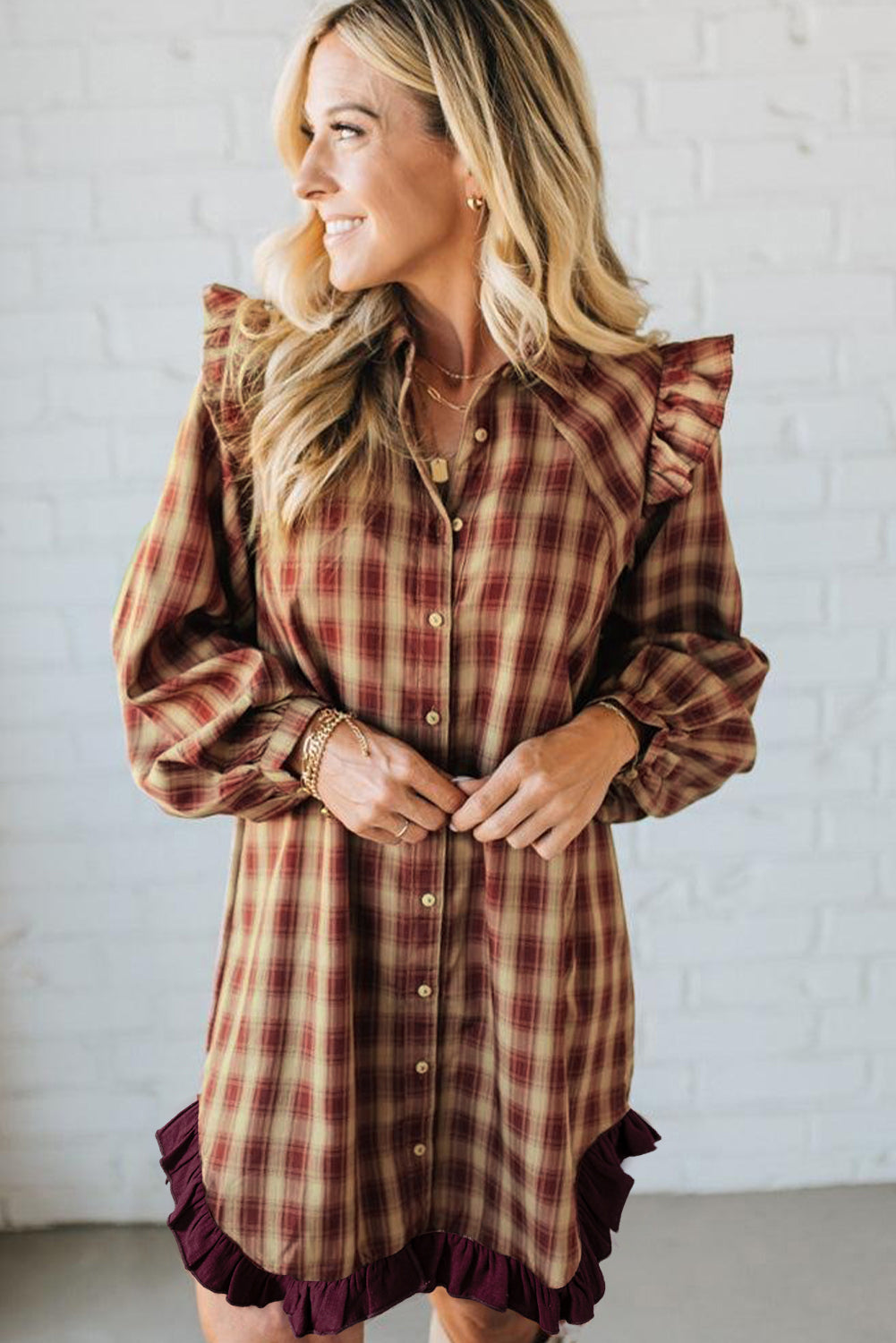 Red Plaid Print Ruffled Long Sleeve Patchwork Hem Mini Shirt Dress-TOPS / DRESSES-[Adult]-[Female]-2022 Online Blue Zone Planet