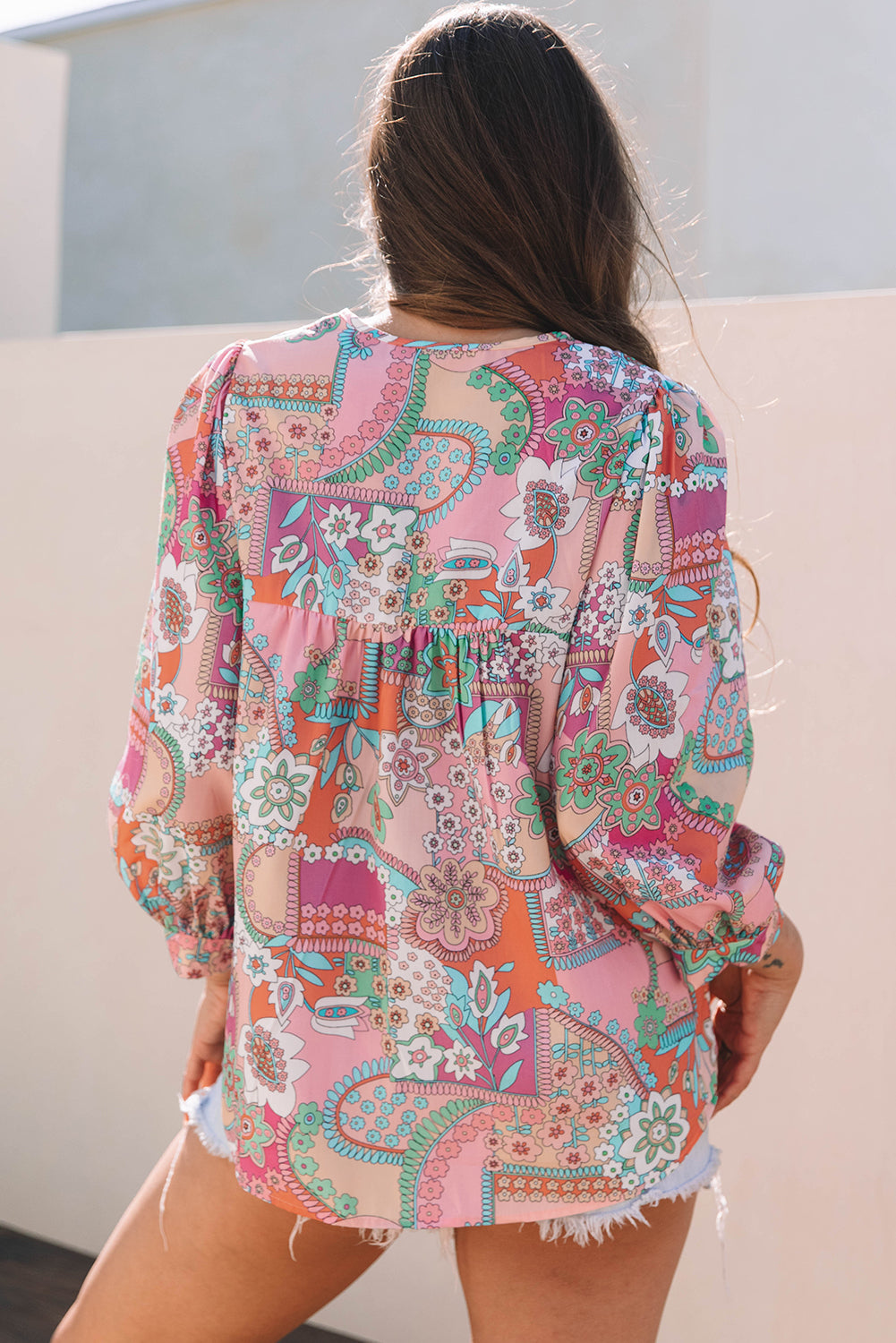 Multicolour Boho Floral Bubble Sleeve Tassel Tied Neck Pleated Blouse-Tops/Blouses & Shirts-[Adult]-[Female]-2022 Online Blue Zone Planet