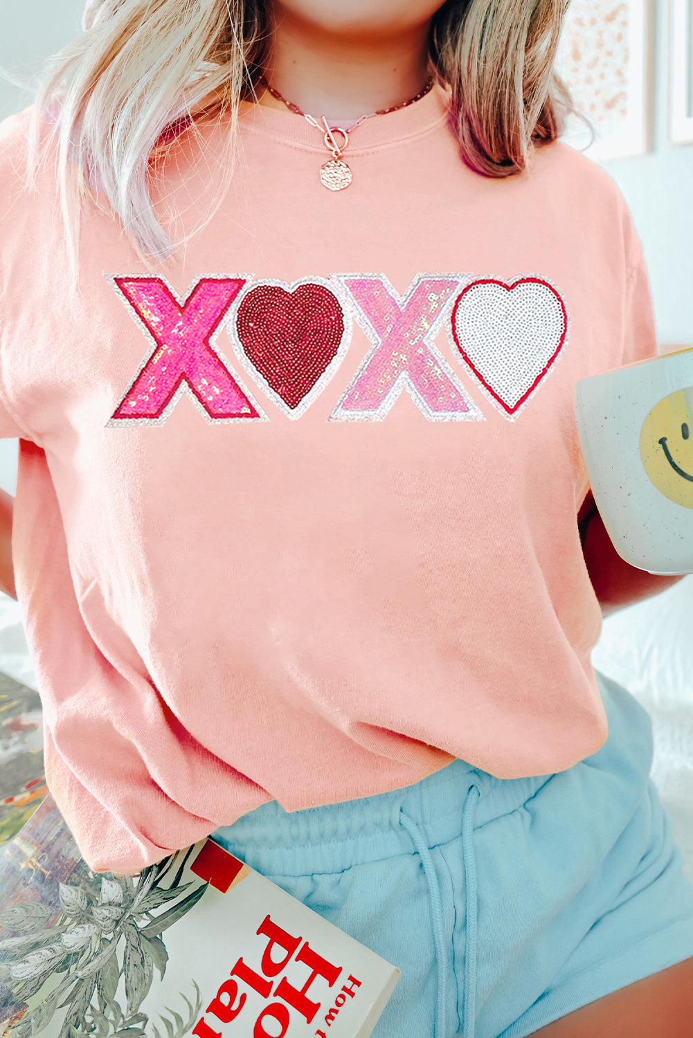 Pink Sequin Heart XOXO Patched Graphic Valentines T Shirt-Graphic Tees-[Adult]-[Female]-Pink-S-2022 Online Blue Zone Planet