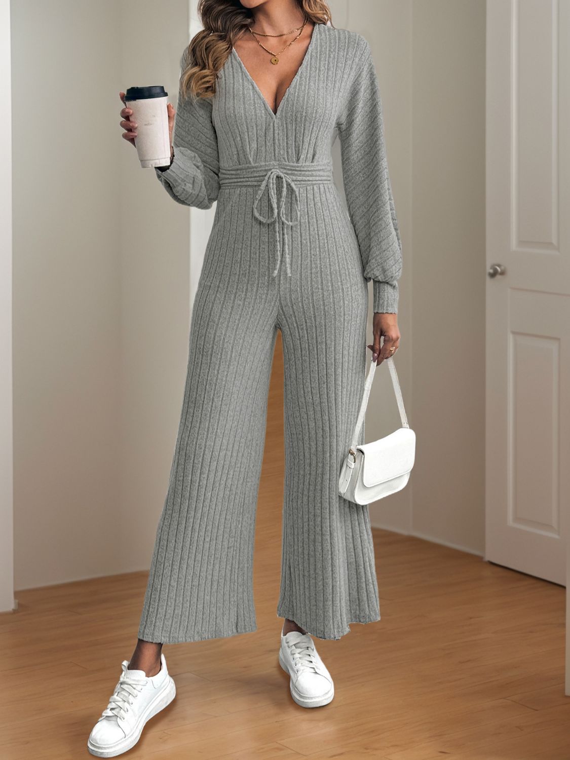 V-Neck Long Sleeve Wide Leg Jumpsuit-TOPS / DRESSES-[Adult]-[Female]-2022 Online Blue Zone Planet