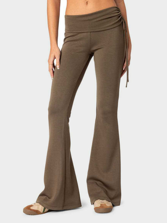Drawstring Ruched Flare Pants-BOTTOMS-[Adult]-[Female]-Coffee Brown-S-2022 Online Blue Zone Planet