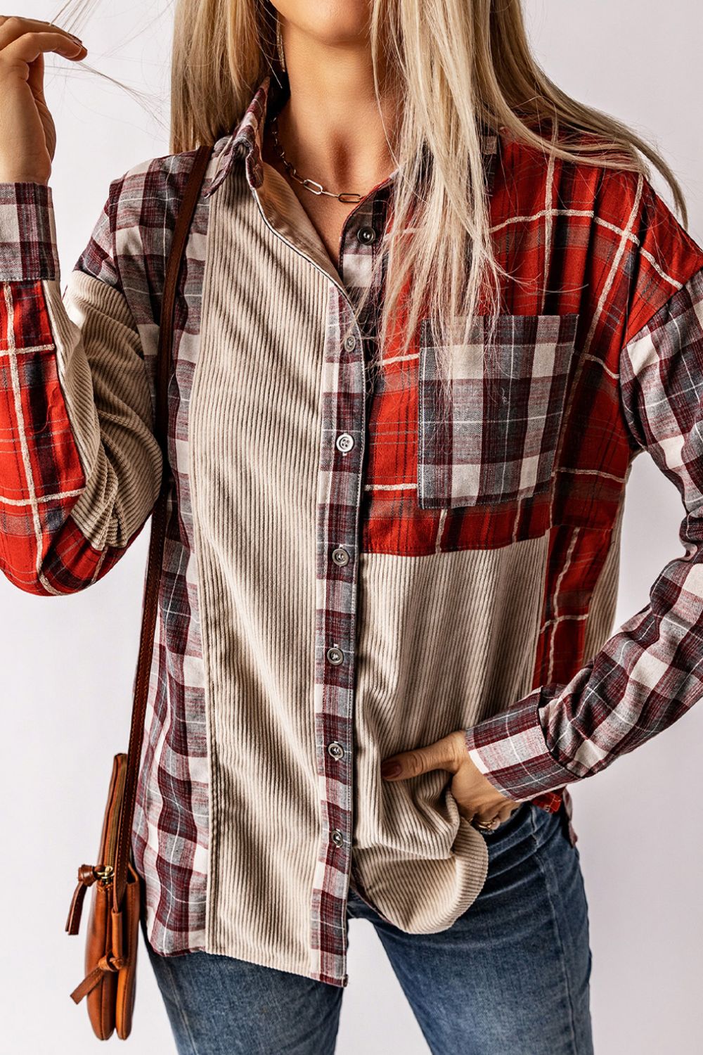 Plaid Patchwork Collared Neck Shacket-TOPS / DRESSES-[Adult]-[Female]-2022 Online Blue Zone Planet