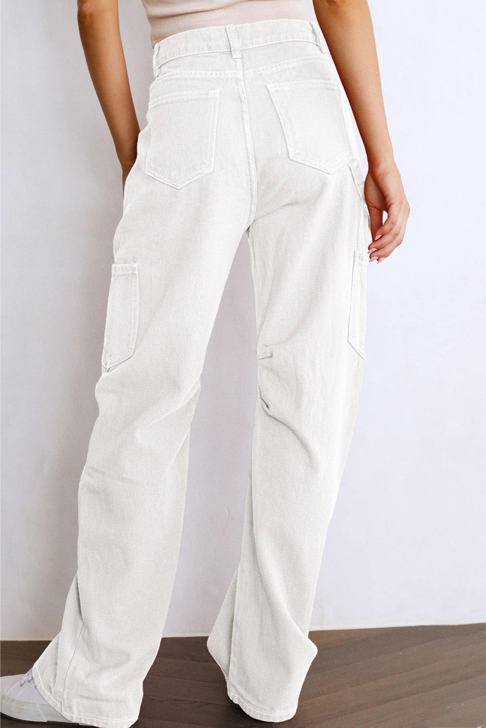 White High Waist Straight Leg Cargo Pants with Pockets-Bottoms/Pants & Culotte-[Adult]-[Female]-2022 Online Blue Zone Planet