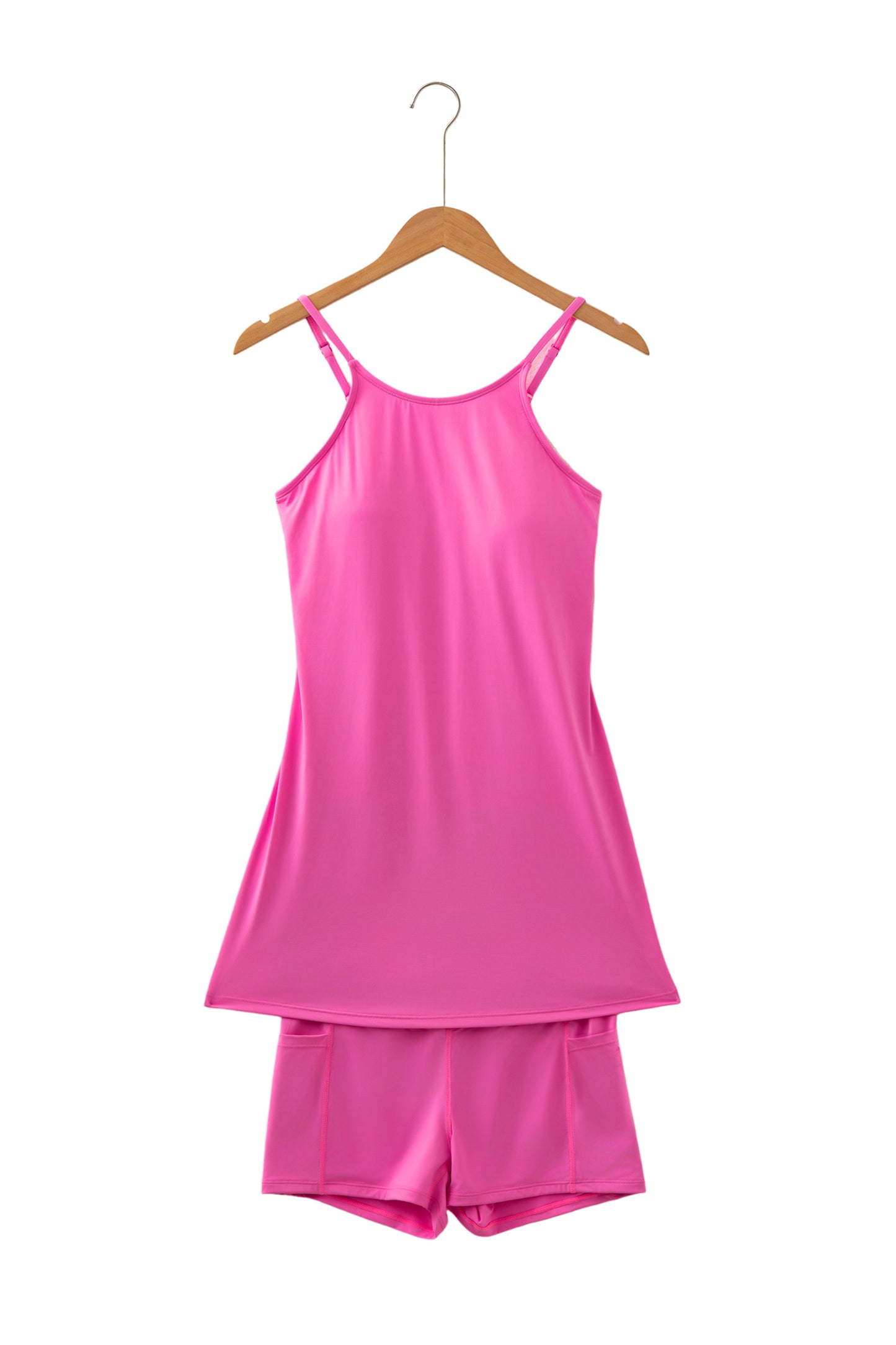 Pink Solid Color Tunic Tank Dress Athletic Shorts Two Piece Set