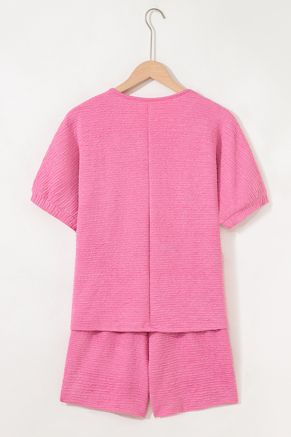 Pink Textured V Neck T Shirt And Shorts Set-Two Piece Sets/Short Sets-[Adult]-[Female]-2022 Online Blue Zone Planet