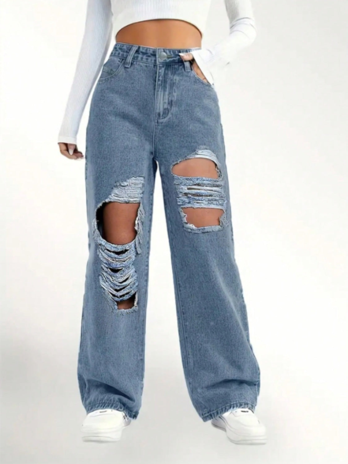 Distressed Wide Leg Jeans-BOTTOMS SIZES SMALL MEDIUM LARGE-[Adult]-[Female]-2022 Online Blue Zone Planet