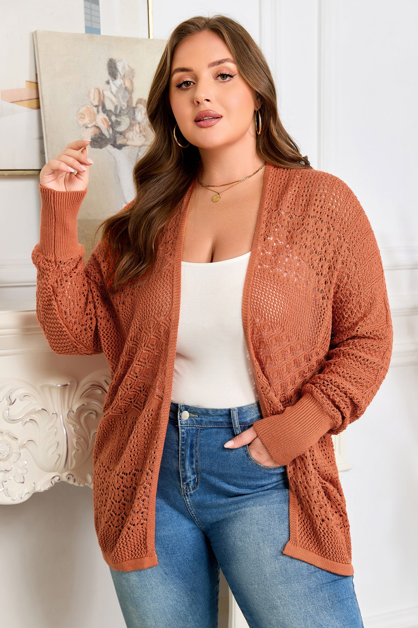 Redwood Burl Mixed Pattern Knitted Open Front Plus Cardigan-Plus Size/Plus Size Sweaters & Cardigans-[Adult]-[Female]-2022 Online Blue Zone Planet