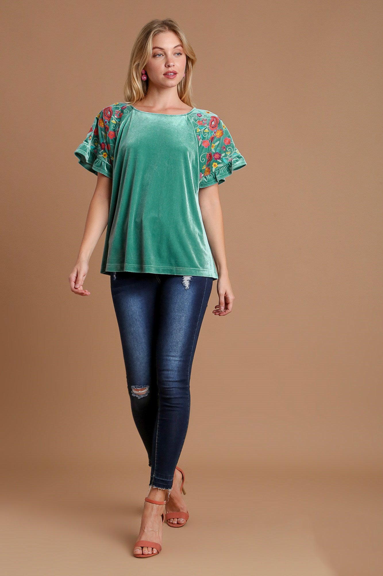 Blue Zone Planet | Umgee Velvet Embroidery Short Sleeve Blouse-TOPS / DRESSES-[Adult]-[Female]-2022 Online Blue Zone Planet