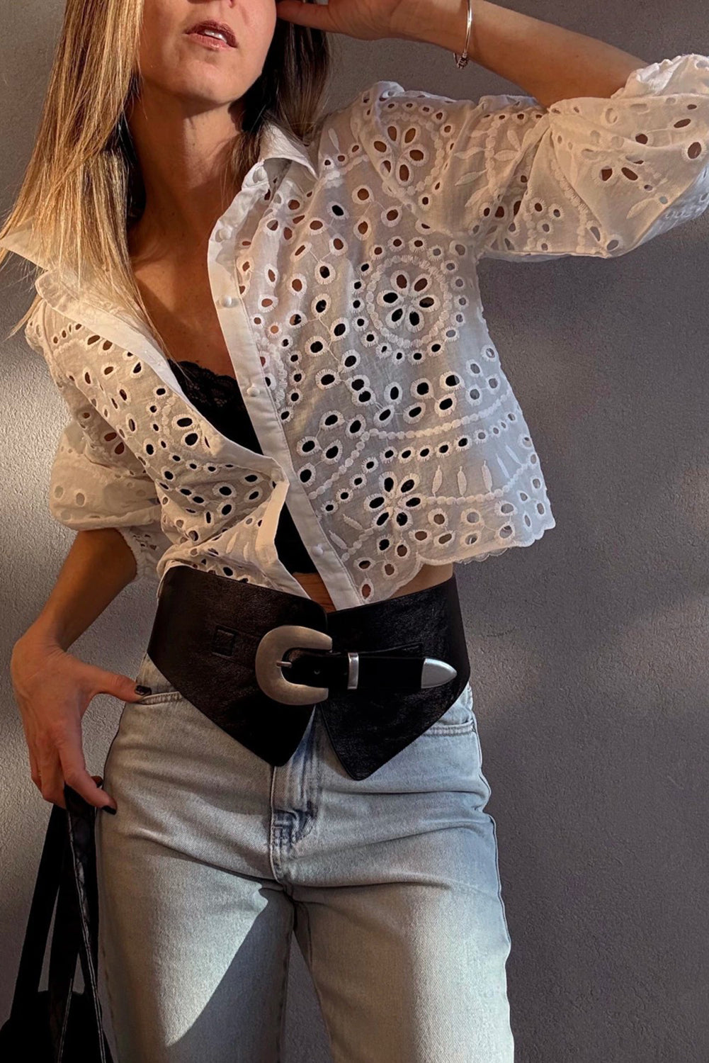 White Eyelet Embroidered Puff Sleeve Crop Shirt-Tops/Blouses & Shirts-[Adult]-[Female]-2022 Online Blue Zone Planet